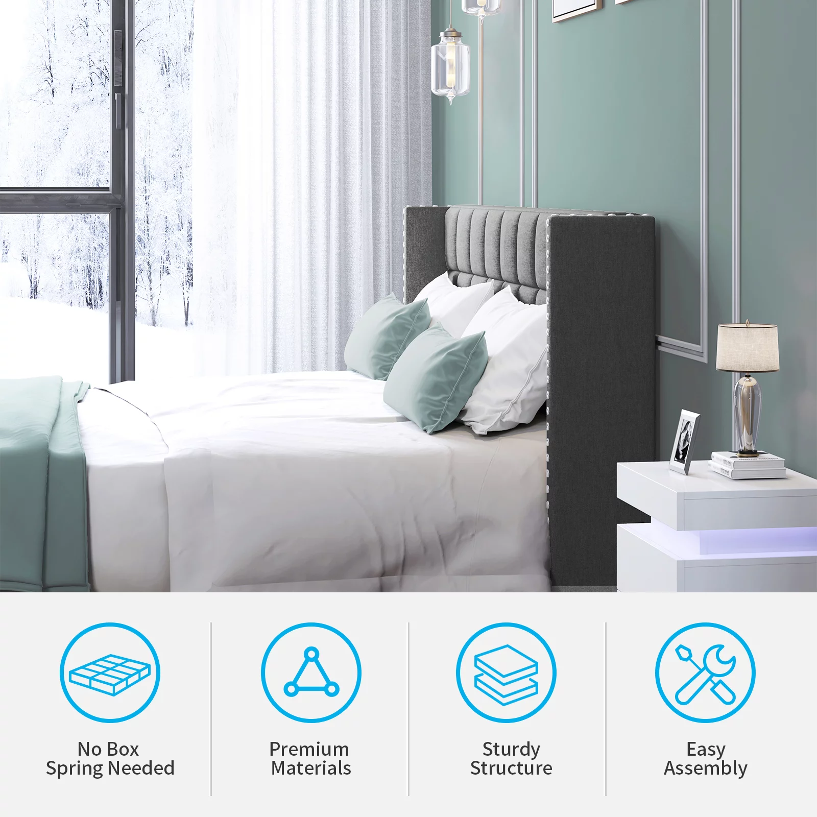 Muzz Bed Frame with Headboard, Modern Platform Bed Frame, Low Profile Wood Bed Frame , Simple Assembly/No Box Spring Needed (Queen, Dark Grey)