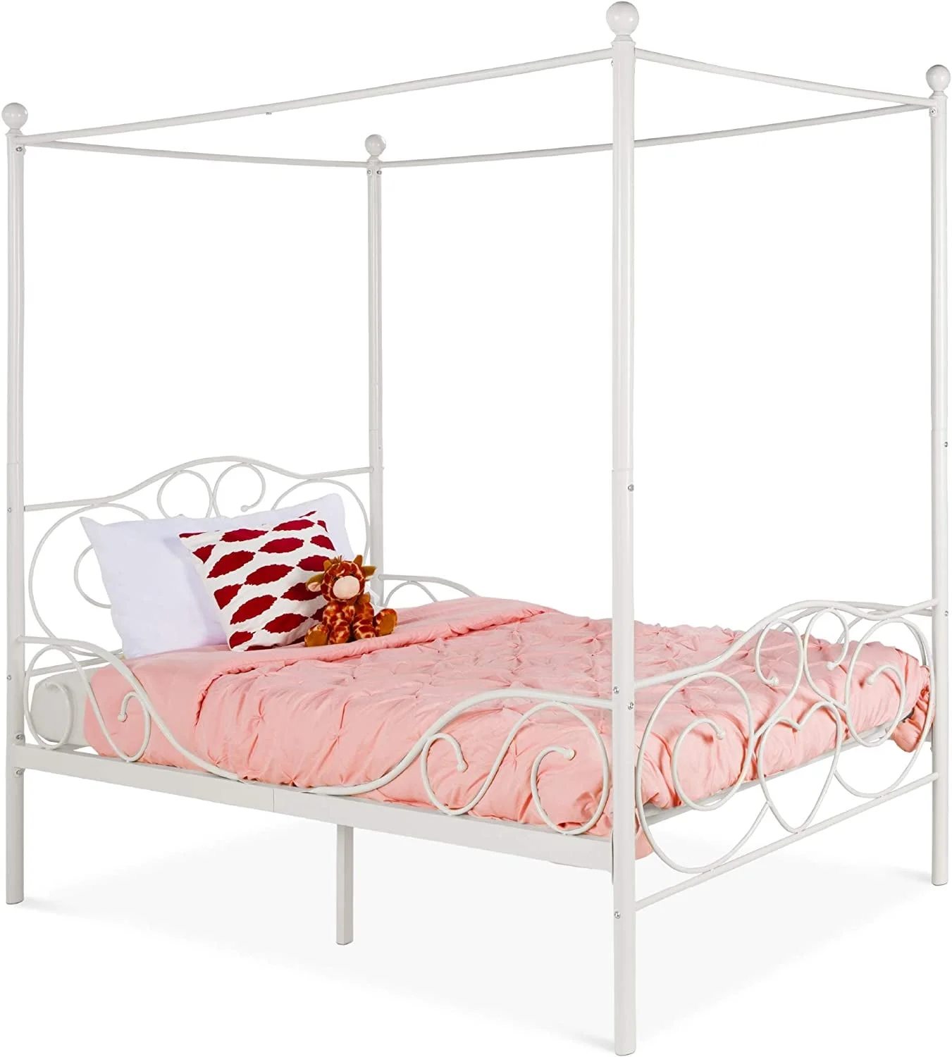 YOJFOTOOU. 4-Post Metal Canopy Twin Bed Frame for Kids Bedroom, Guest Room w/Heart Scroll Design, 14-Slat Support System, Headboard, Footboard - White