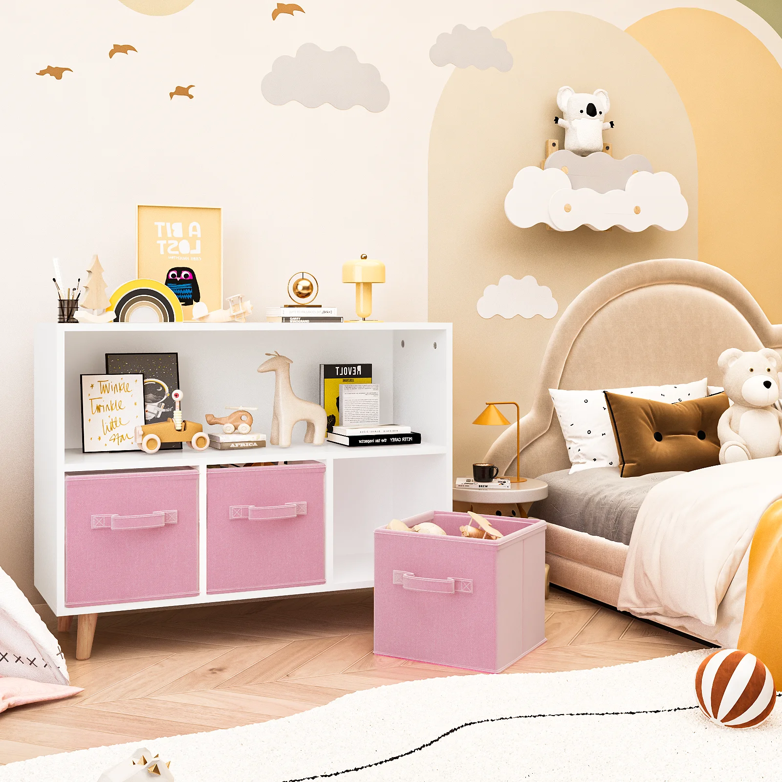 AWQM Kids Bookcase with 3 Drawers, Toy Storage Organizer, Multi-Functional Kids Bookshelf for Nursery, Playroom and Bedroom, White+Pink