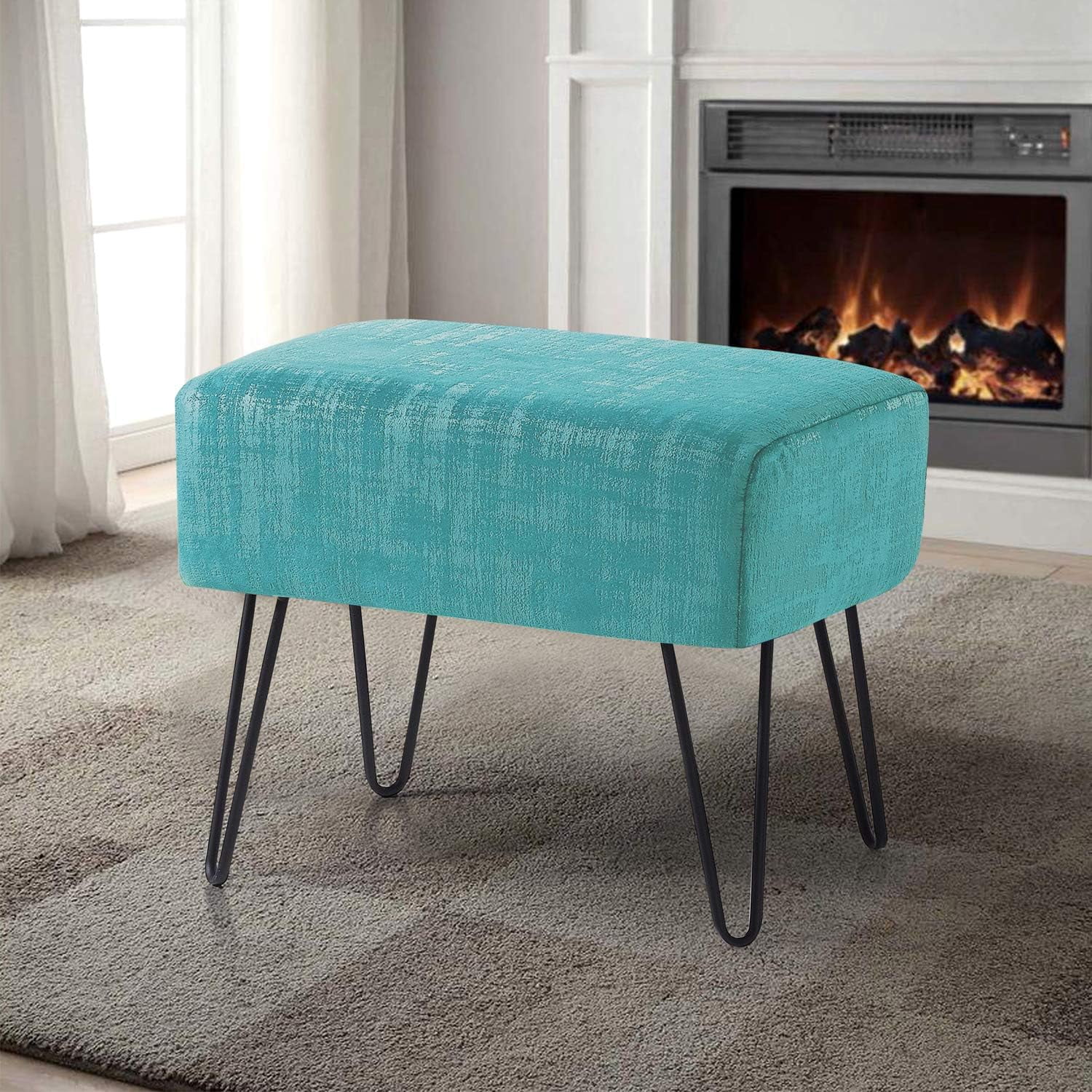 Blue Textured Velvet Ottoman, North Sea, 19'' X 13'' X 17'' H, Fuzzy Entry Way Ottoman Bench For Living Room Bedroom End Of Bed Decorative Makeup Stool Foot Rest Chair Home Décor