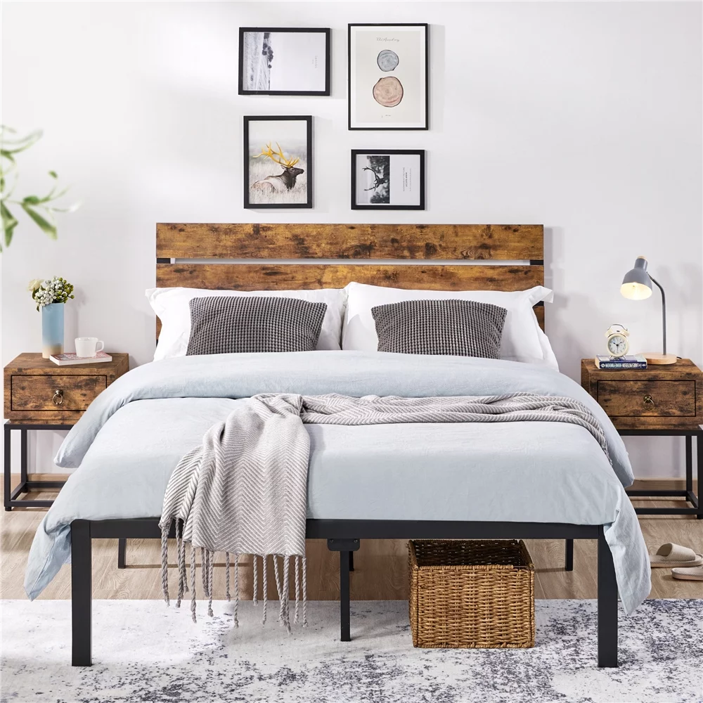 Yaheetech Metal Platform Bed Frame with Wooden Headboard, Full Size