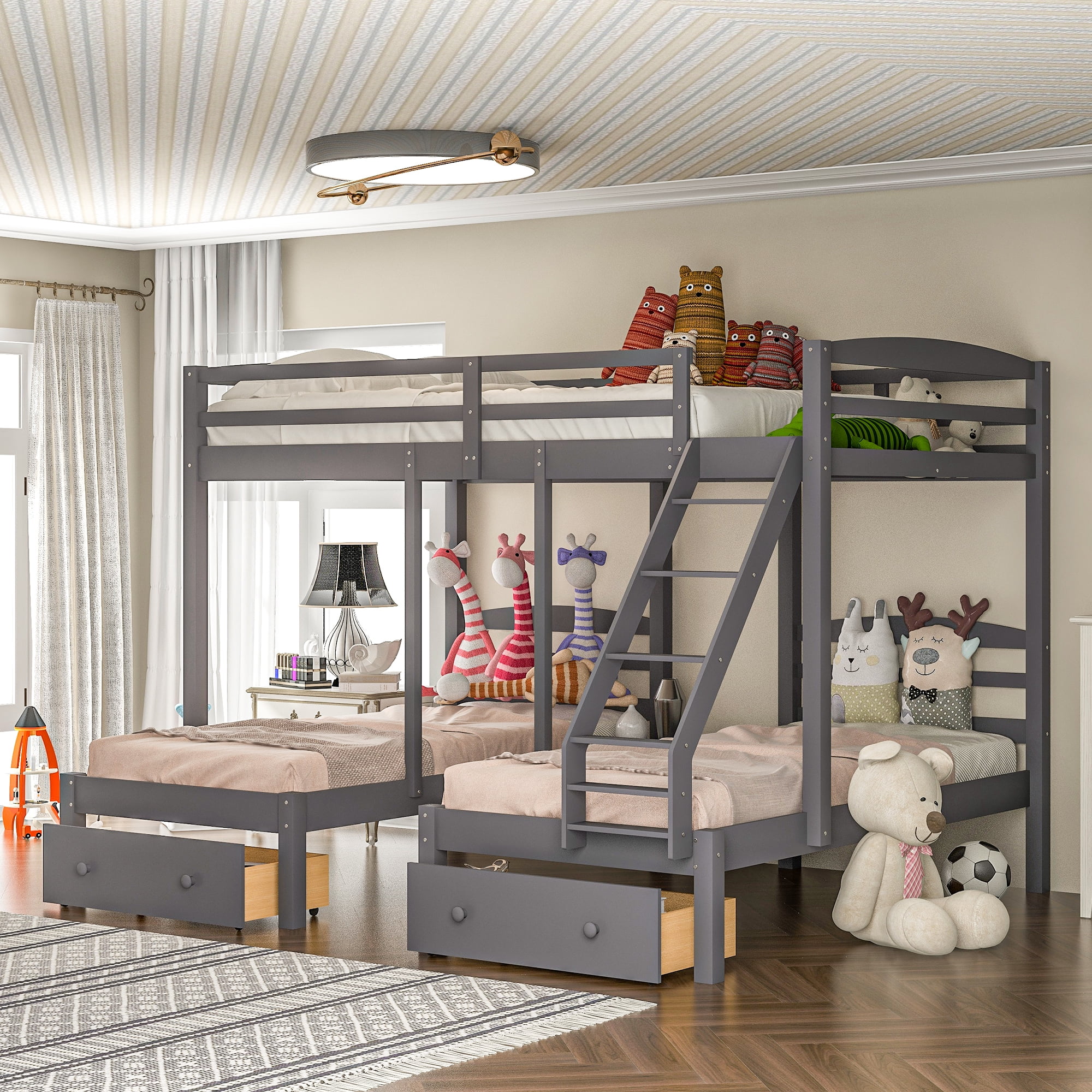Bellemave Full over Twin over Twin Bunk Bed for 3, Triple Bunk Bed with Storage Drawers for Kids, Teens (Gray)