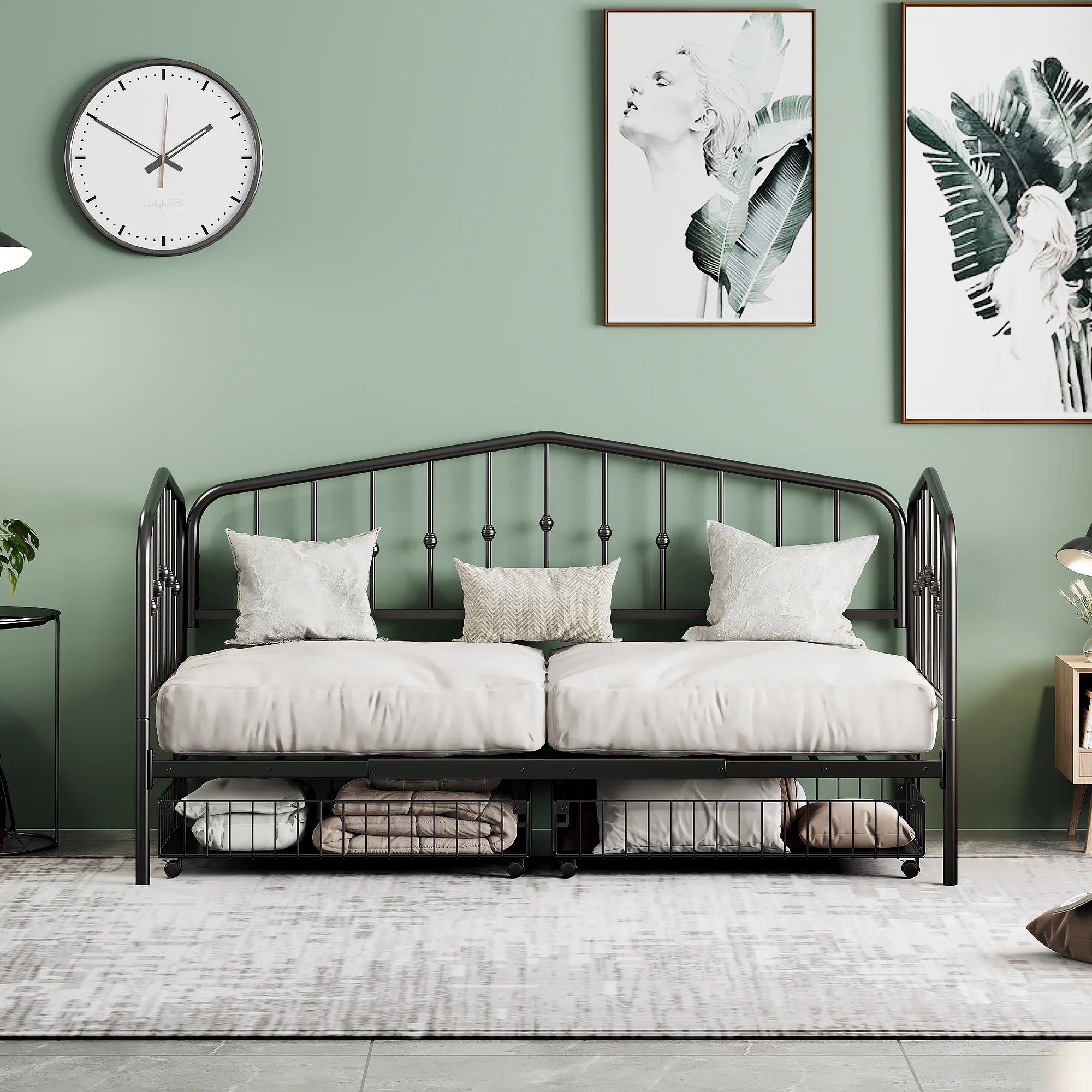 Zee Twin Size Metal Daybed with 2 Drawers - Black