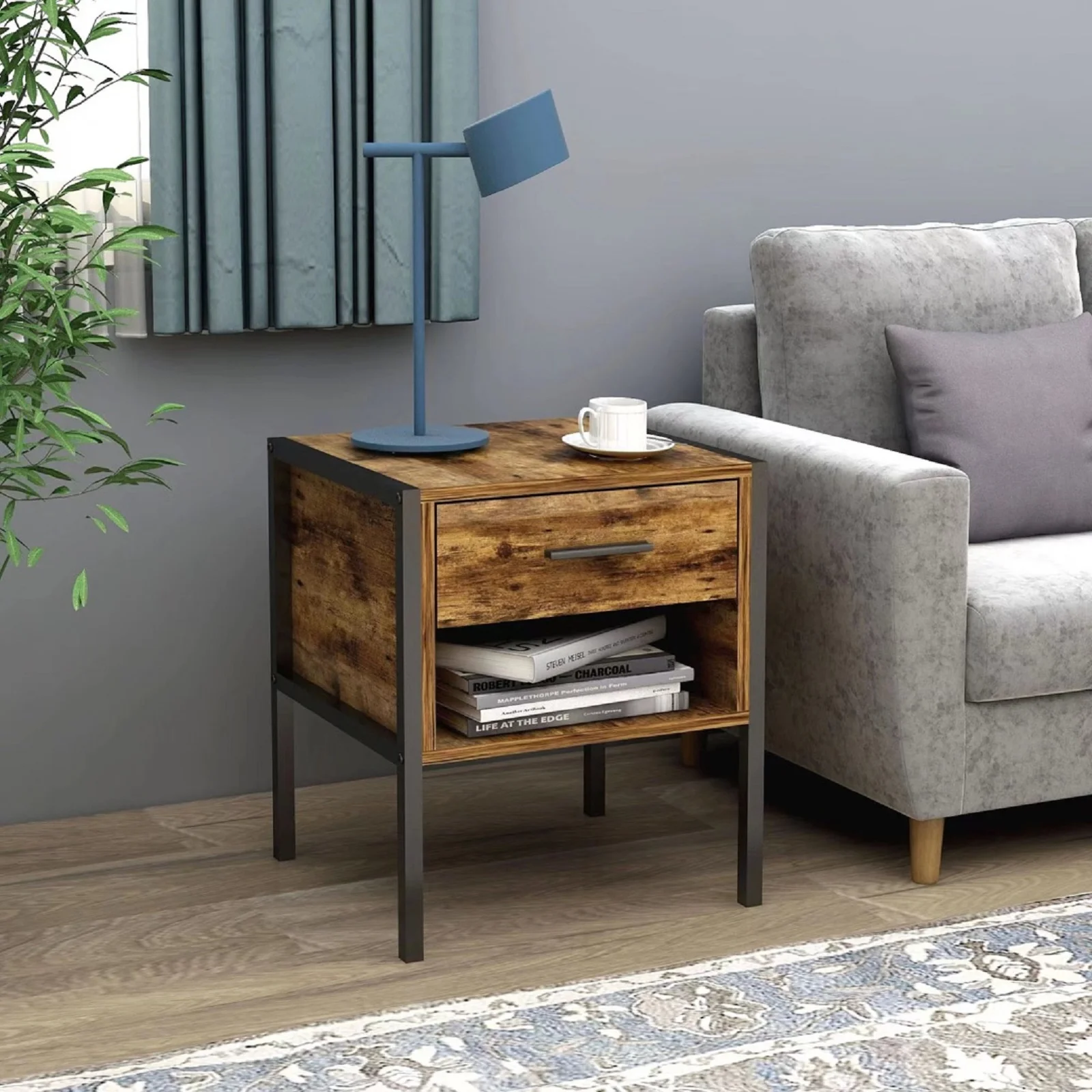 Algherohein Farmhouse Wood Grain Nightstand Table Set of 2,1 Drawer,1 Shelf,Home Side Tables,Natural