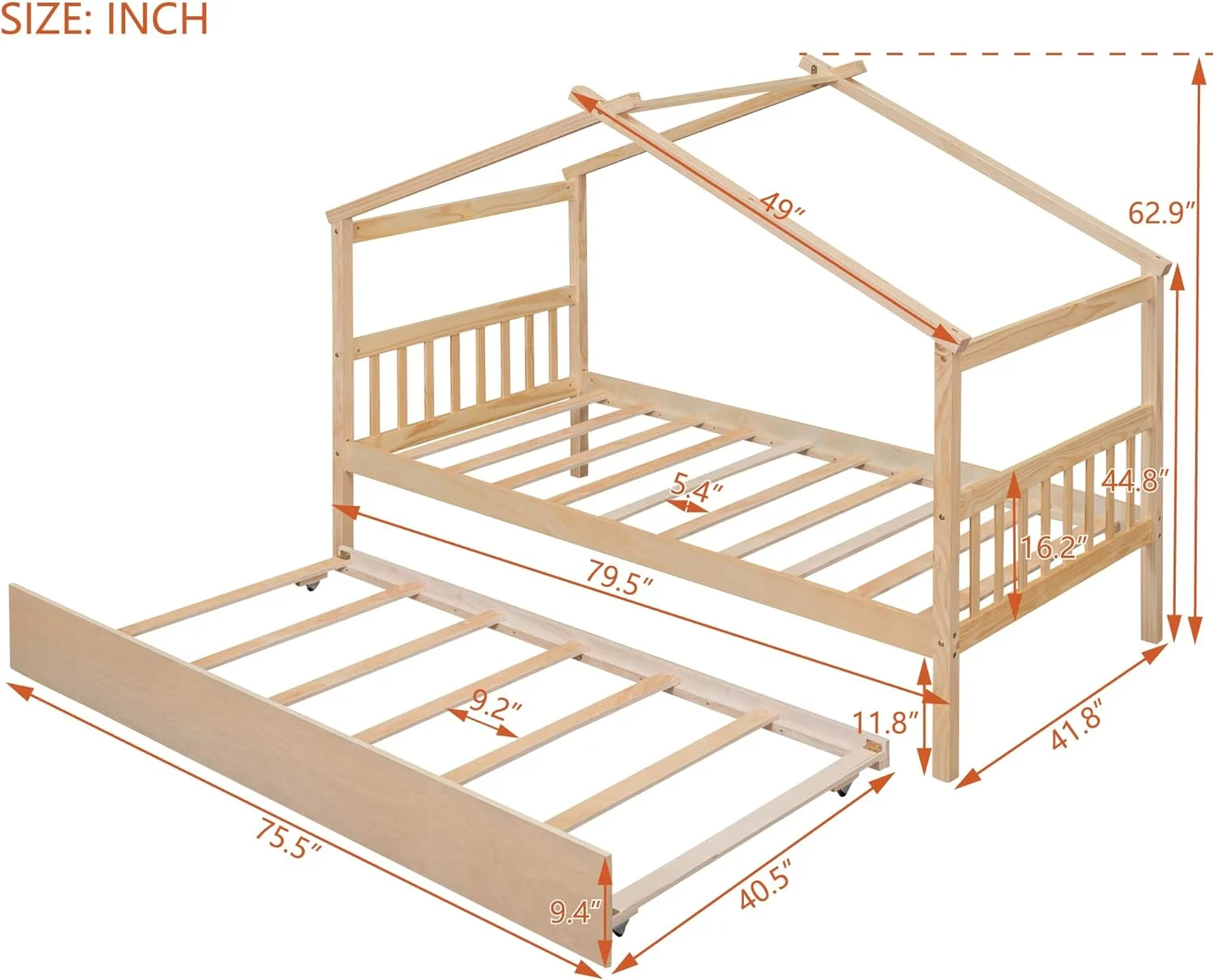 House Bed Frame With Trundle Solid Wood Bed With Roof For Boys And Girls