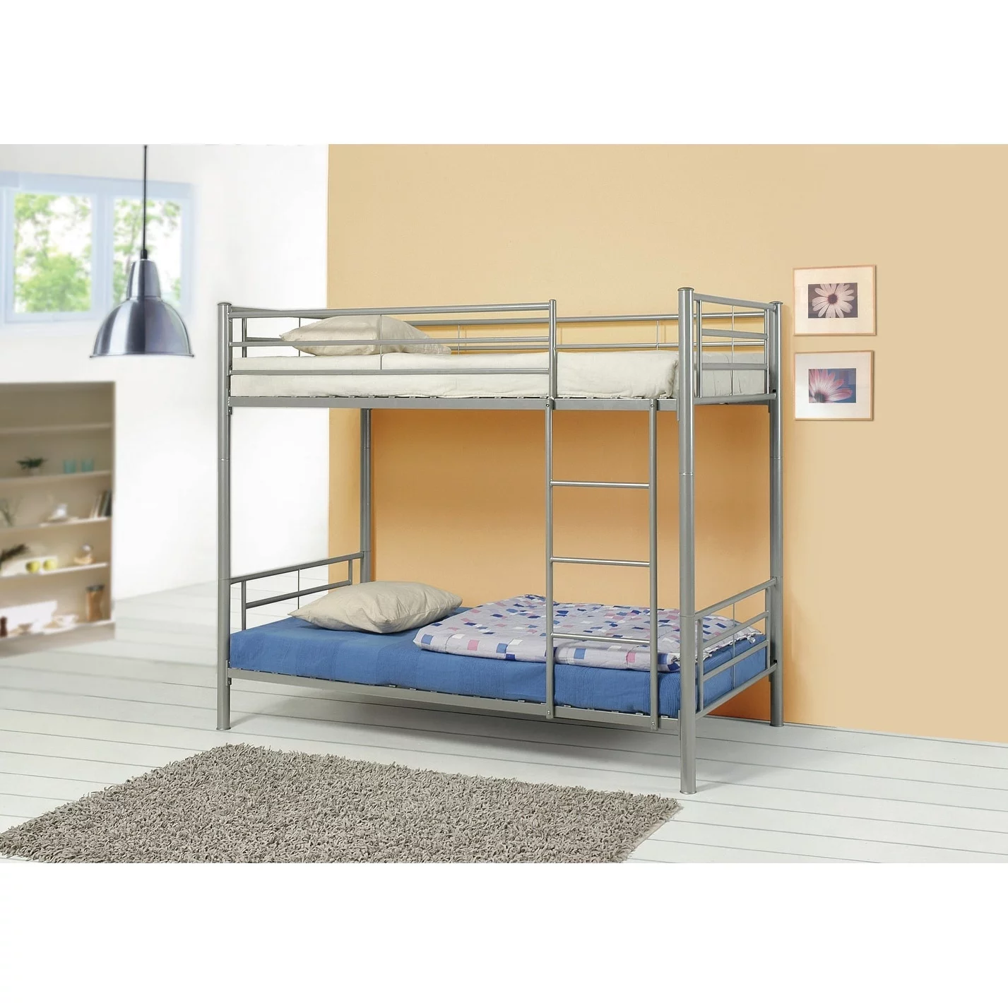 Benzara Metal Twin over Twin Bunk Bed with Ladder, Black-Color:Silver