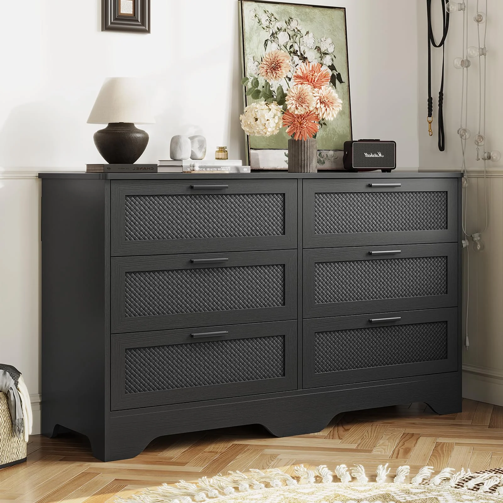 Modern 6 Drawers Double Dresser with Woven Leather Design, Black Dresser for Bedroom
