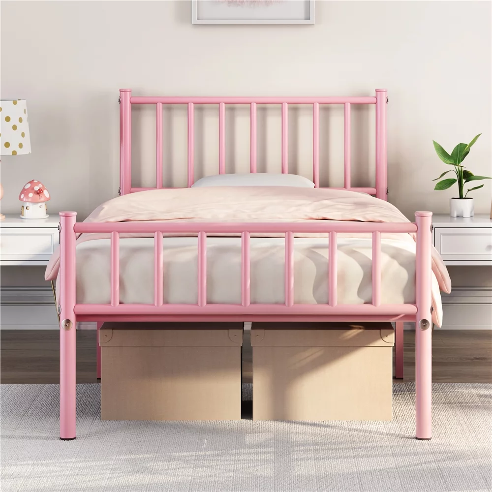 Easyfashion Justin Metal Platform Bed with Spindle Headboard and Footboard, Twin, Pink