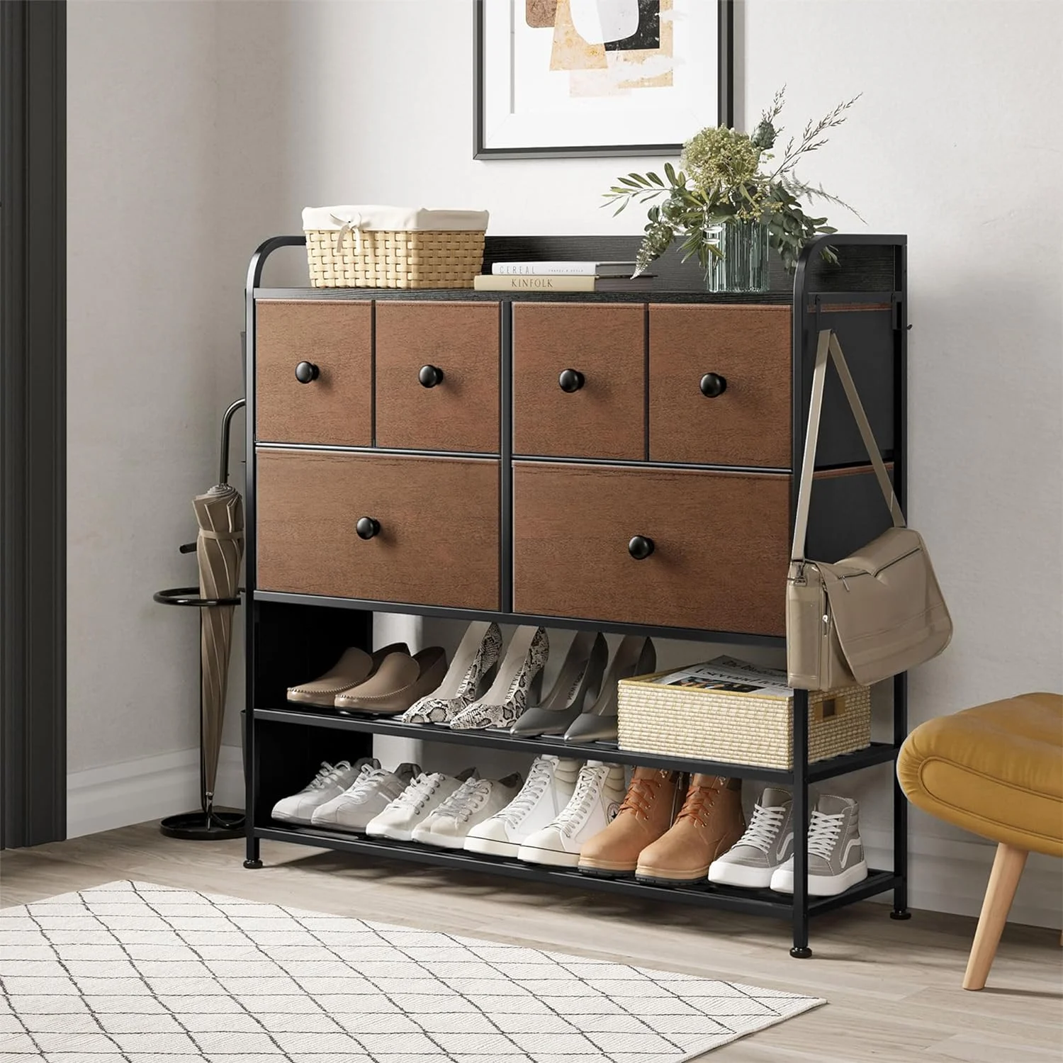 6 Fabric Drawer Dresser With 2-Tier Shoe Display Shelf & Side Pockets For Living Room, Bedroom, Hallway, Or Entryway Organization, Espresso