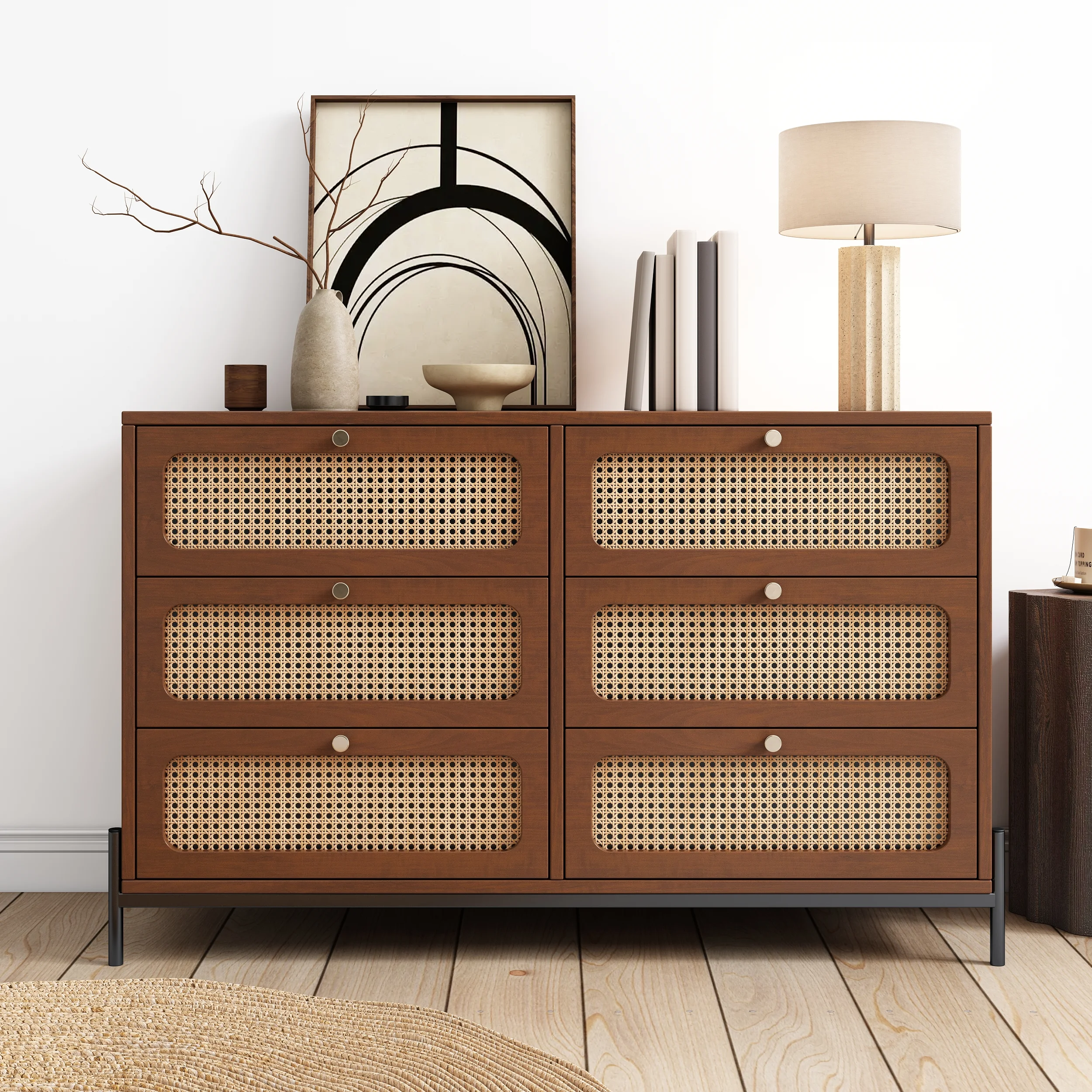 CoSoTower Modern Cannage Rattan Wood Closet 6-Drawer Dresser Wood Storage Cabinet Sideboard for Bedroom, Living Room, Entryway, Hallway, Walnut