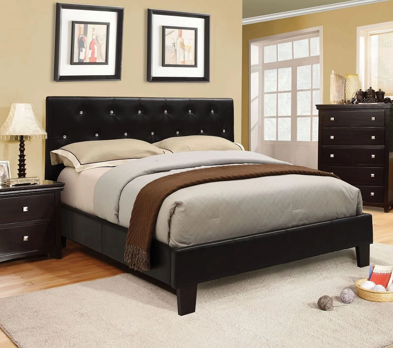 Contemporary Leatherette Padded Tufted Crystal Like Button Platform Queen Size Bed European Style Black Color Wooden Bedroom Furniutre 1pc Bedframe