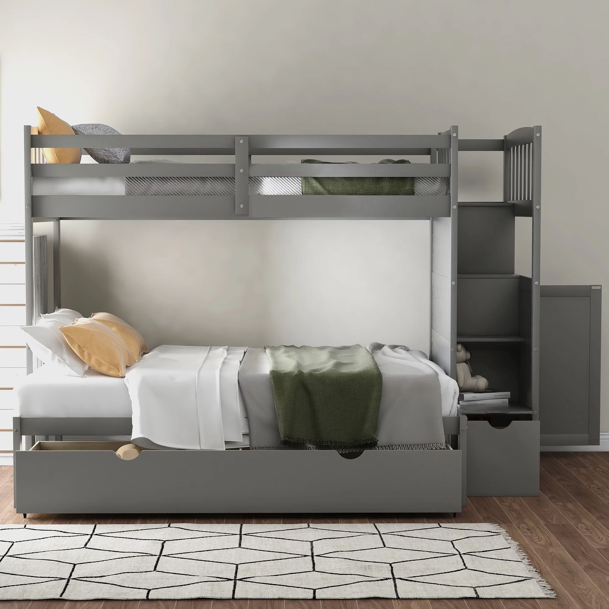 ikayaa Twin over Full/Twin Bunk Bed, Convertible Bottom Bed, Storage Shelves and Drawers, Gray