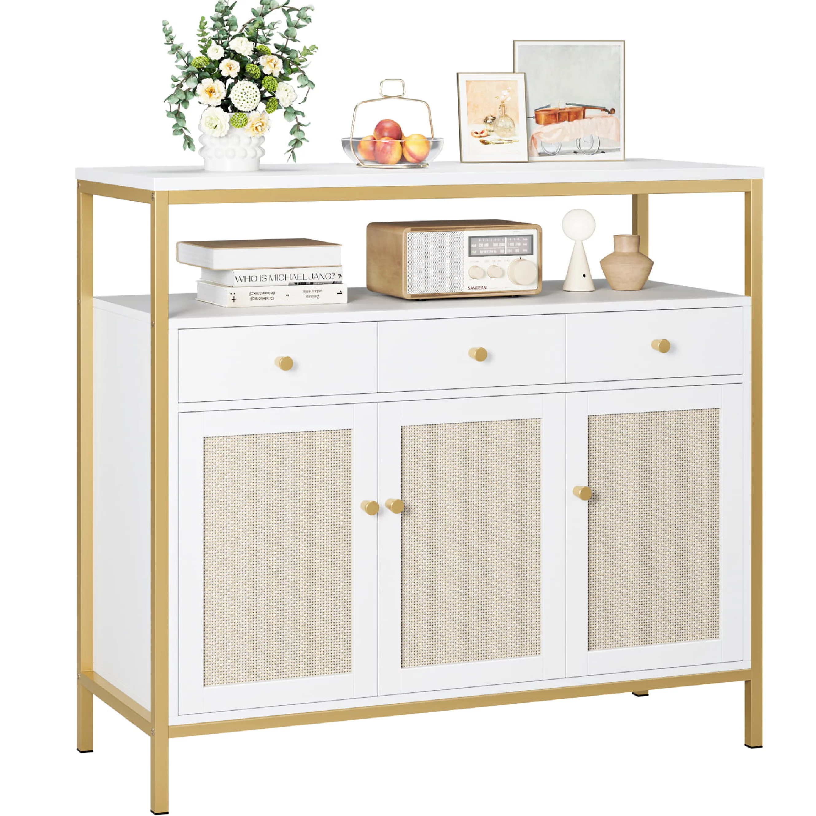Homfa Modern Accent Cabinet with Display Shelf, 3 Rattan Door Wood Coffee Bar Buffet Sideboard for Hallway Living Room, White