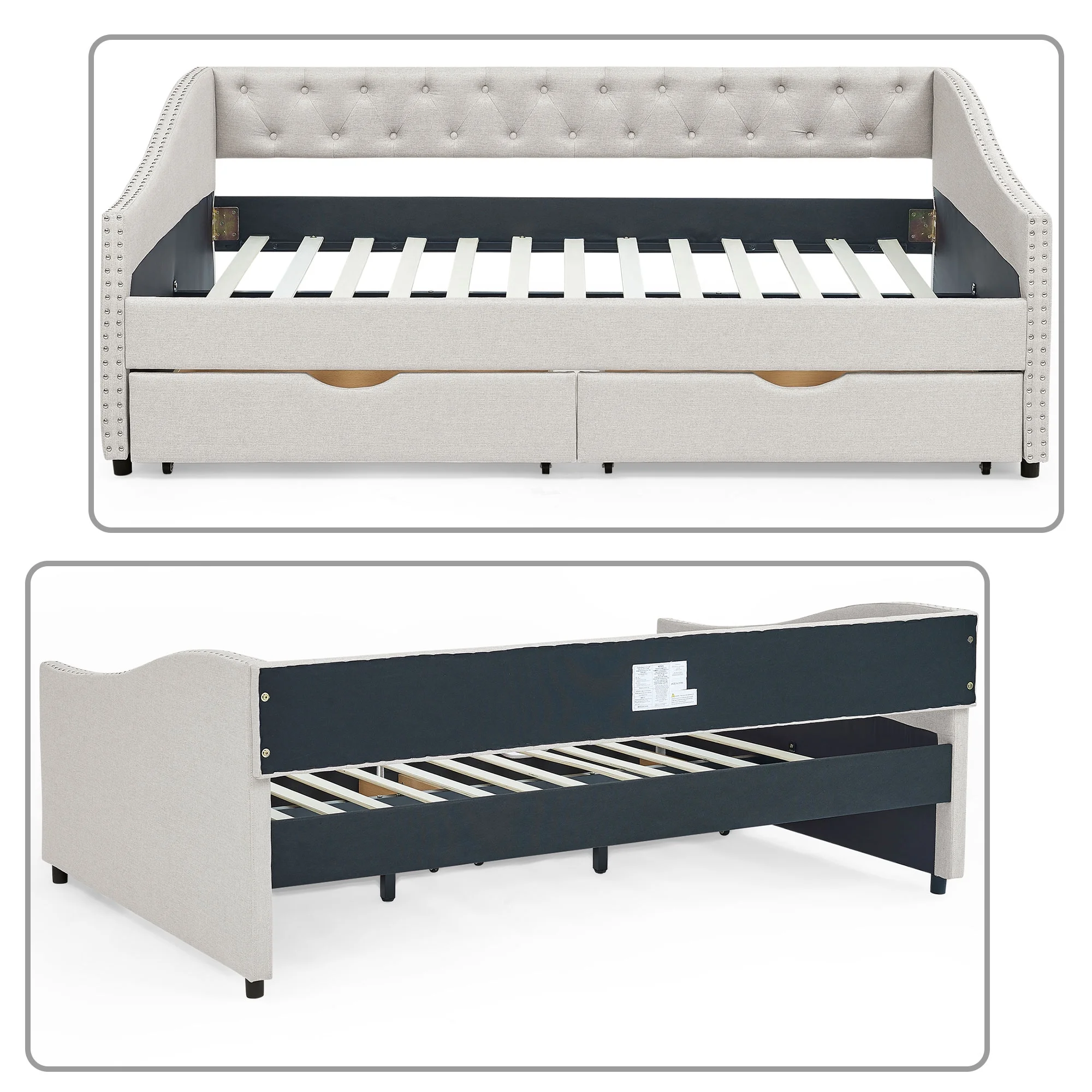 Classic and Stylish Full Size Linen Fabric Button-Tufted Daybed with 2 Drawers and Rivet Decor, Beige