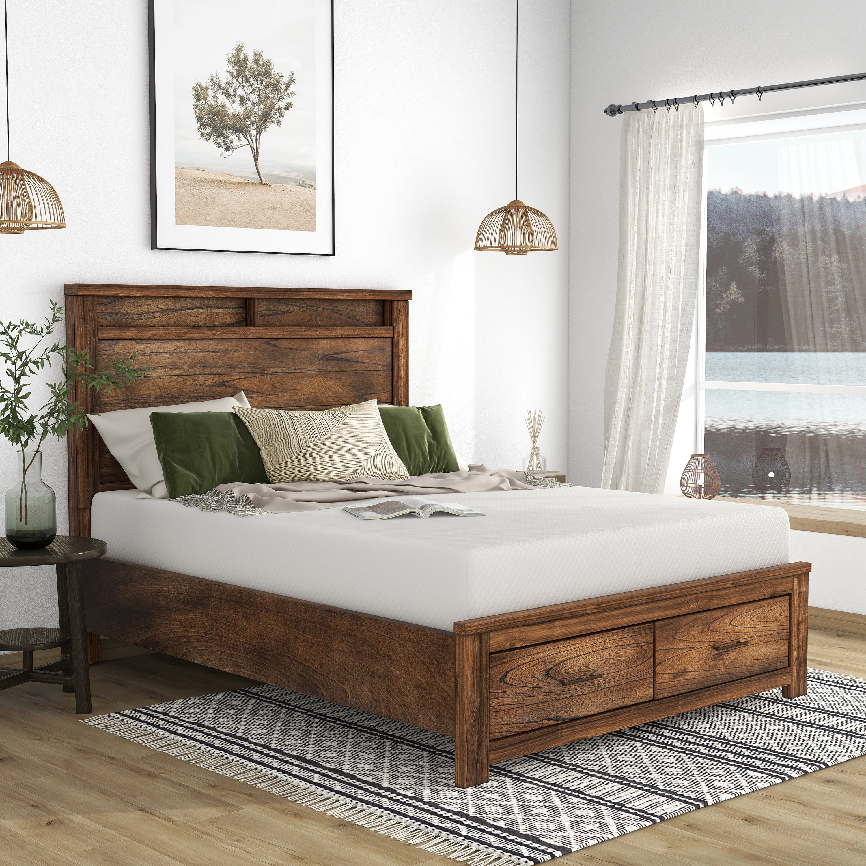 Furniture of America Queen Natural Wood Inspired Bed with 10-Inch Memory Foam Mattress, Antique Oak
