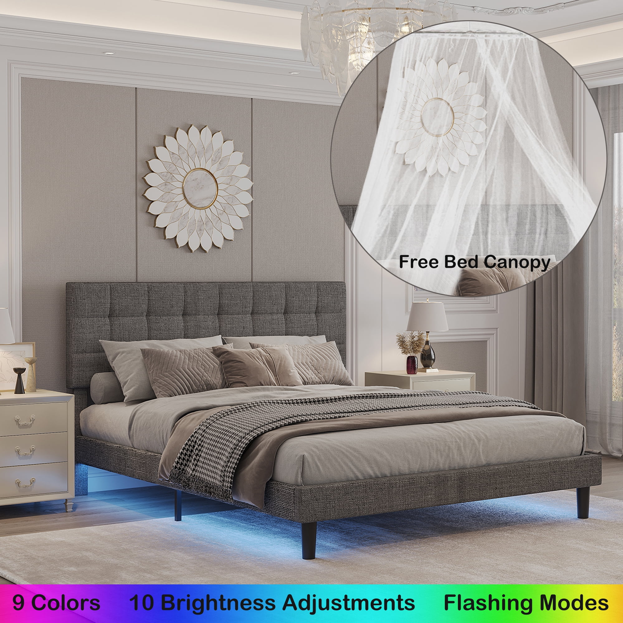 HSUNNS Qunee Bed Platform Bed with Lights, Queen Size Lighted Upholstered Bed Frame with Bed Canopy, Upholstered Platform Bed with Adjustable Headboard, No Box Spring Needed, Gray