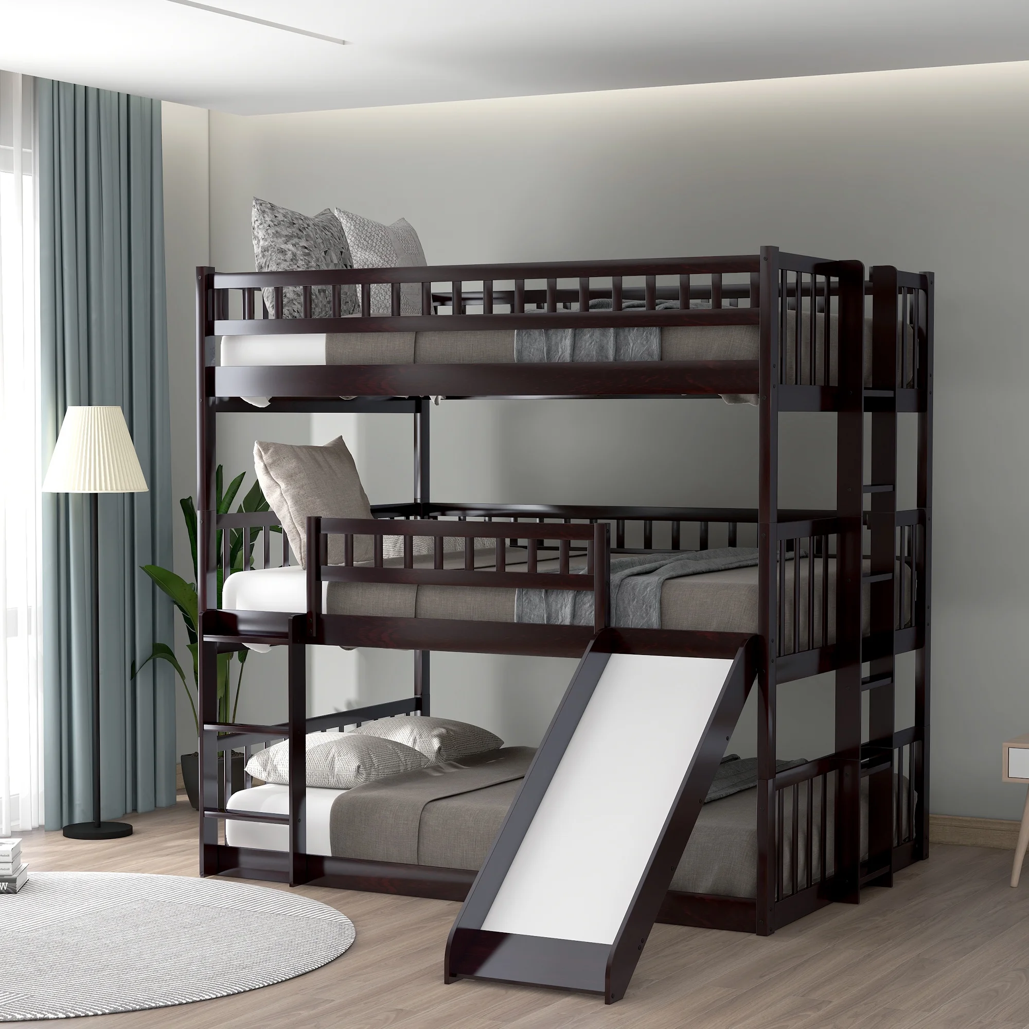 Full-Over-Full-Over-Full Bunk Beds with Built-in Ladder and Slide Pine Wood Bunk Bed with Sturdy Modern Bed Frame for Kids’ Room, Guest Bedroom
