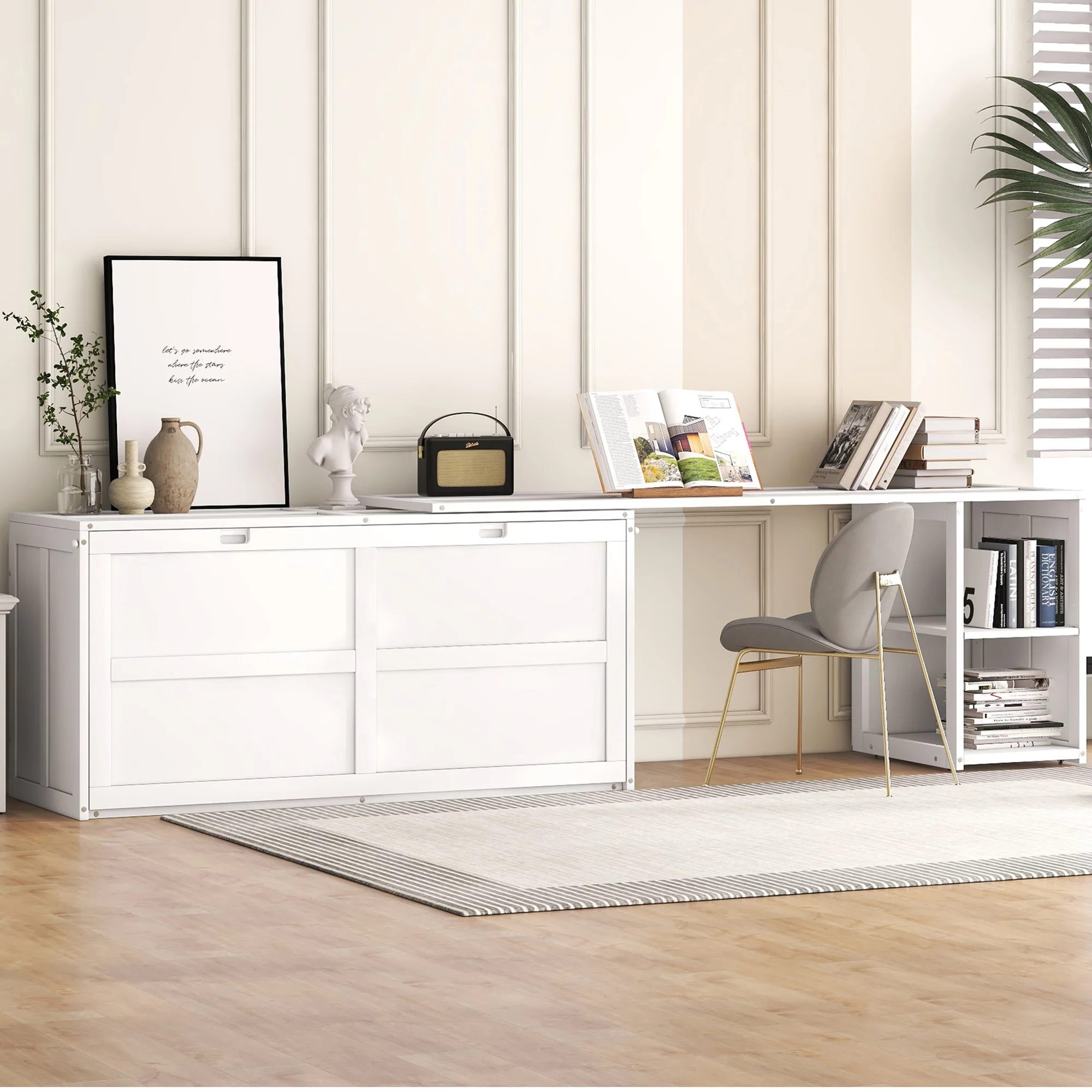 CoSoTower Queen Size Murphy Bed with Rotable Desk, White
