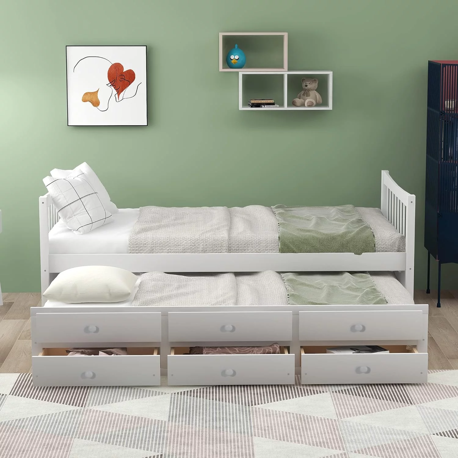 Size Daybed With Size Trundle And Drawers, Wood Bed Frame With Headboard And Footboard, Wooden Daybed For Kids Adults Bedroom, White