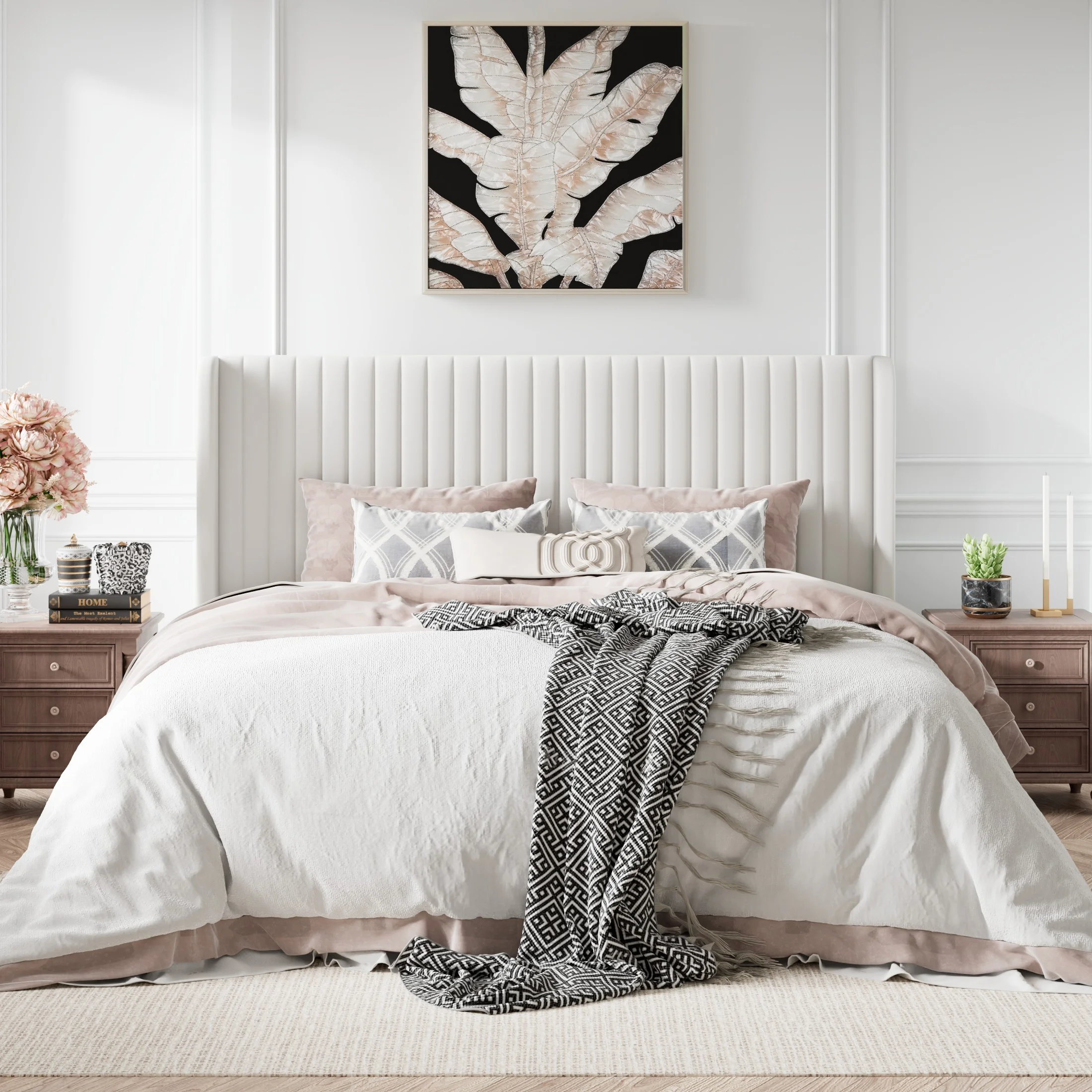 Amolife King Size Velvet Vertical Stripe Upholstered Bed Frame with Wingback Headboard, Off-White