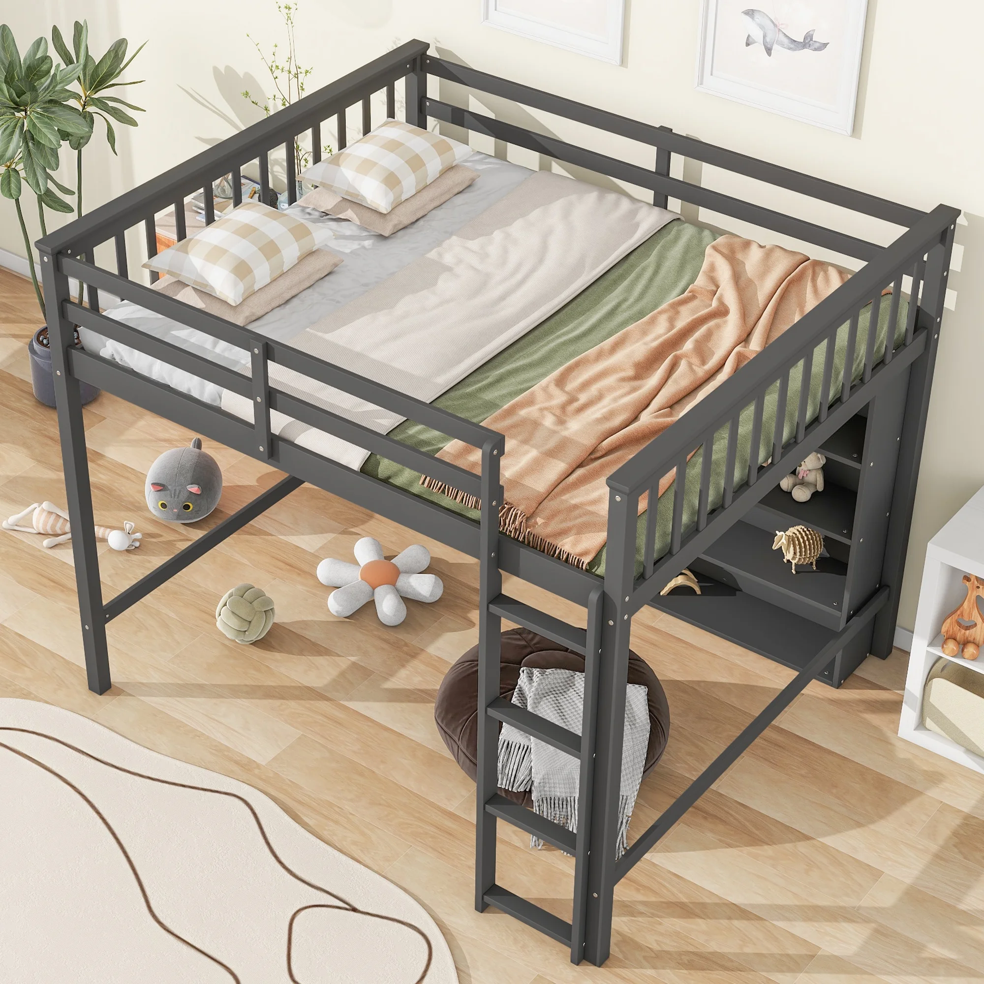 CoSoTower Full Size Loft Bed with 8 Open Storage Shelves and Built-In Ladder, Gray