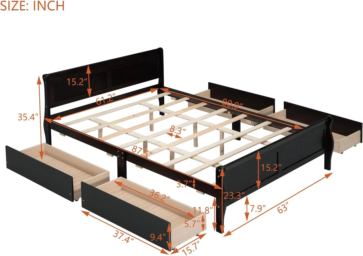 Wood Platform Bed, Quee Size Platform Bed With 4 Storage Drawers, Platform Bed With Head Ad Footboard, Espresso