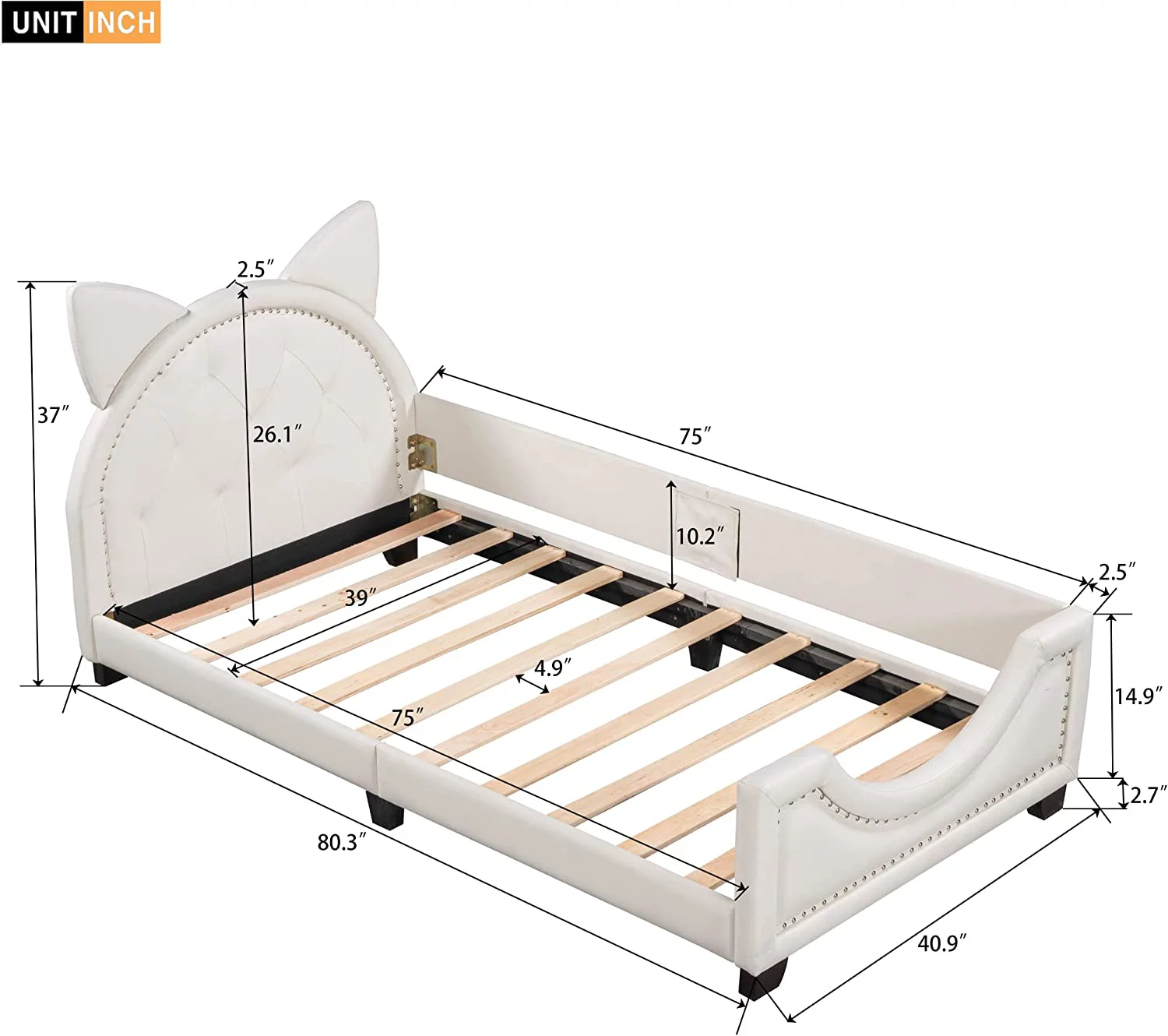 Twin Upholstered Daybed with Carton Ears Shaped Bottom Tufted Headboard, Low Platform Bed Frame with Rails for Kids Girls Boys Teens, Faux Leather White