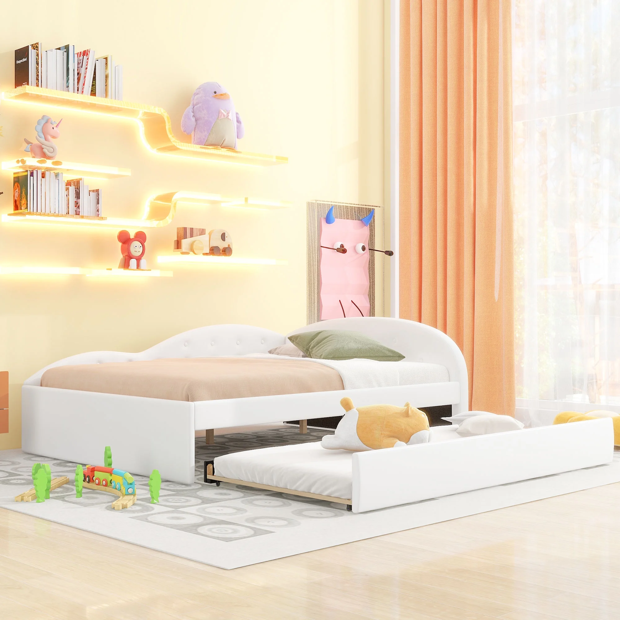Euroco Full Size PU Upholstery Daybed, Tufted Sofa Bed with Trundle for Kids Room, White
