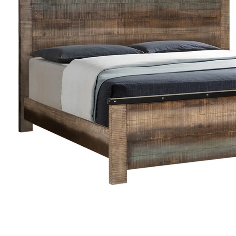 Plank Style Rustic Eastern King Bed with Metal Edge Multicolor