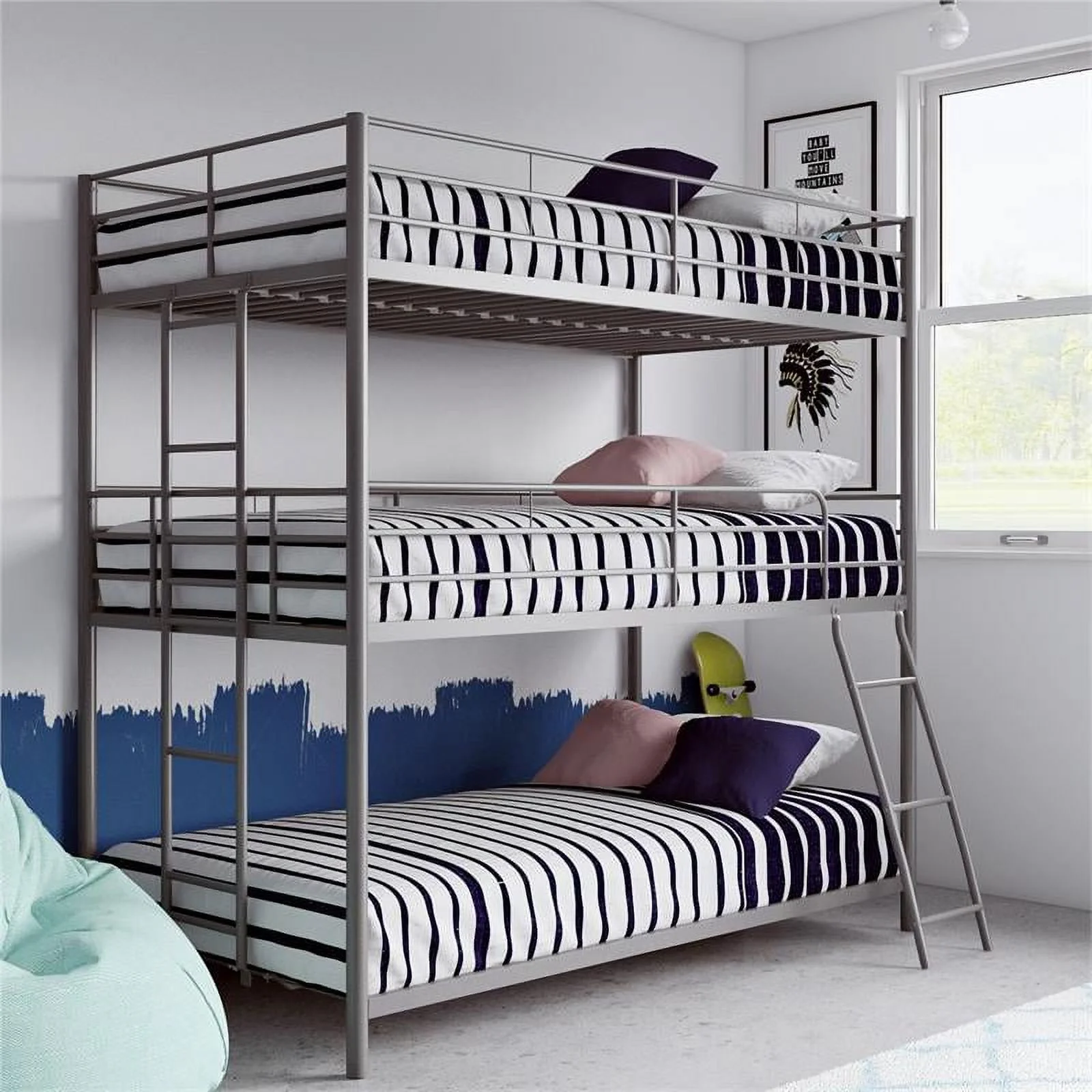Max & Finn Altona Metal Triple Bunk Bed for Kids Twin/Twin/Twin in Silver