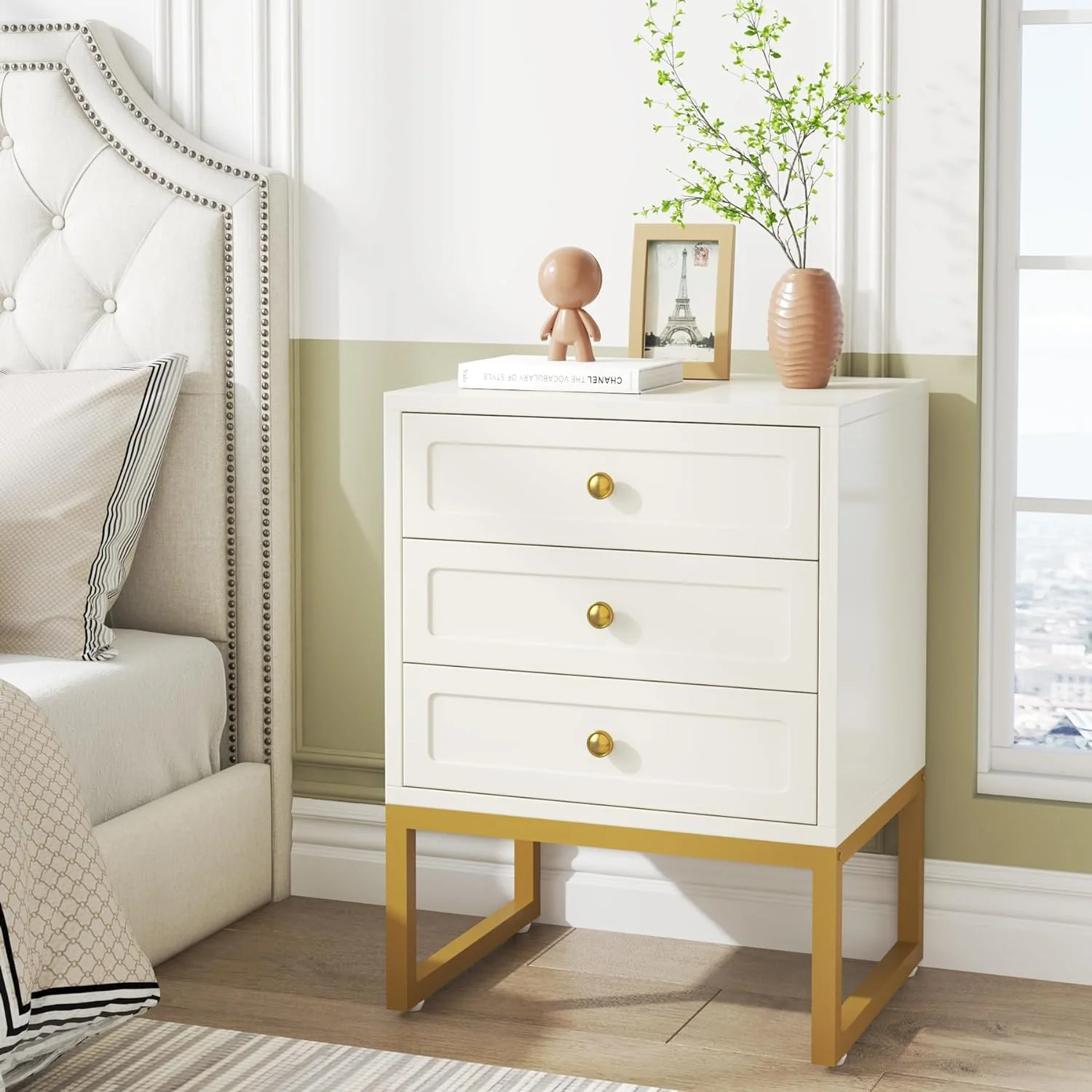 Tribesigns Modern Nightstand with 3 Drawers, Wood Bed Side Table for Bedroom, Tall White Gold Night Stand with Gold Metal Legs for Living Room