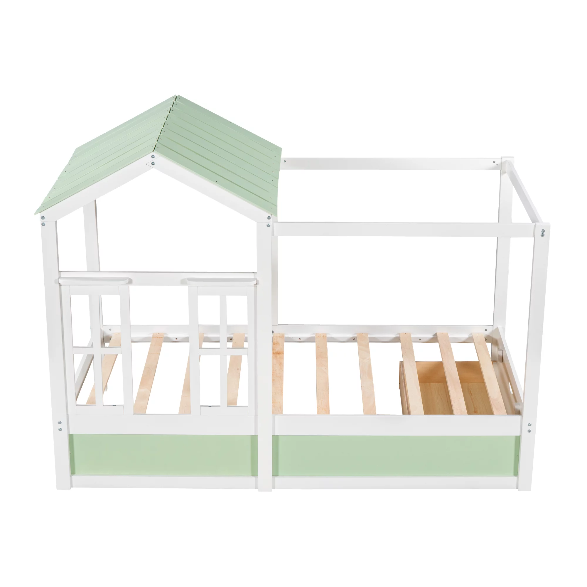 Mino Kesper House-Shaped Bed with Roof and Drawer for Kids, Twin, Green