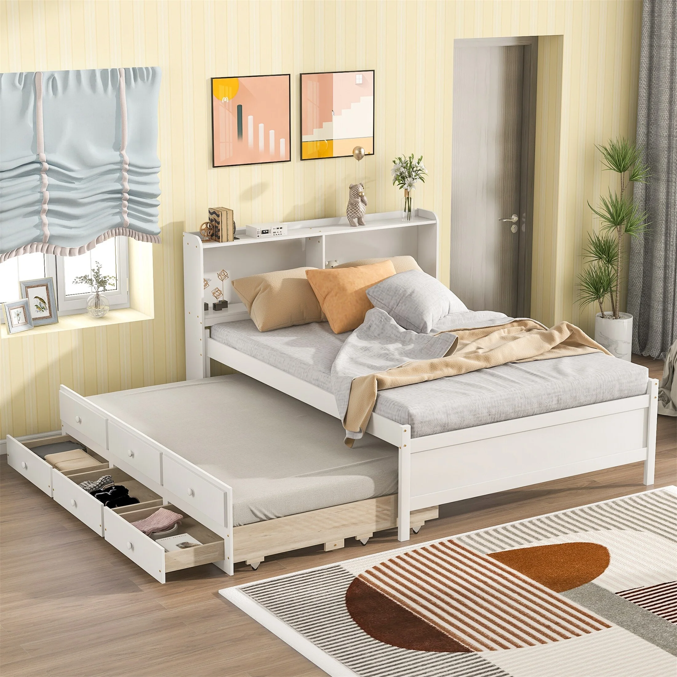 YJTONWIN Full Size Bed with Full Trundle Drawers Kids Bed for Bedroom White