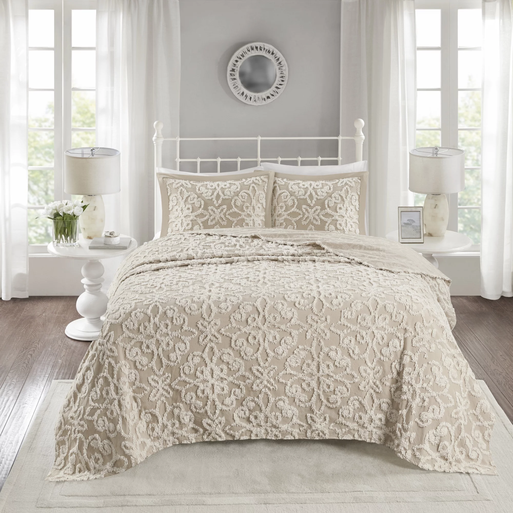 Home Essence Amber 3 piece Tufted Cotton bedspread set, Full, Queen, Taupe