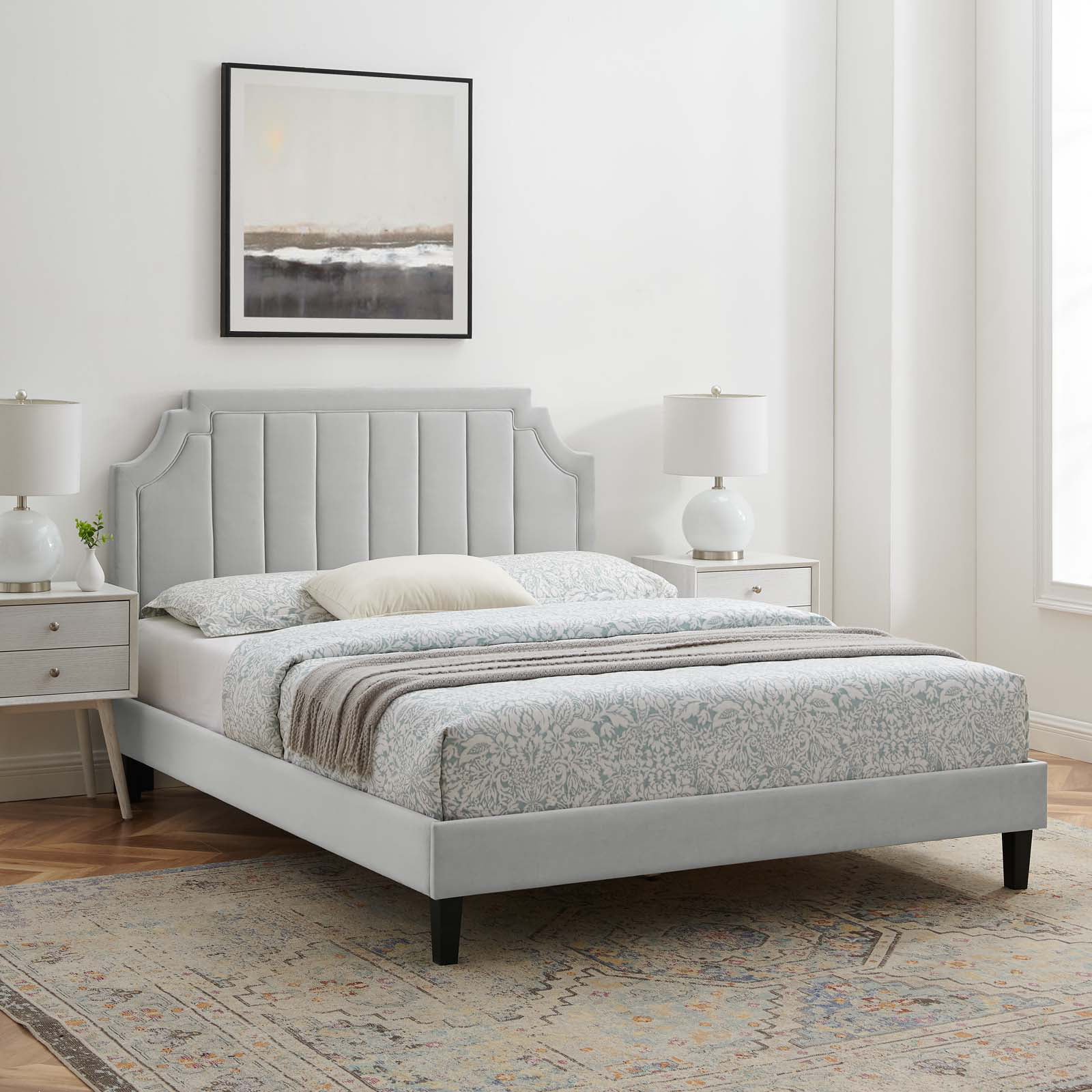 Platform Bed Frame, Queen Size, Velvet, Light Grey Gray, Modern Contemporary Urban Design, Bedroom Master Guest Suite