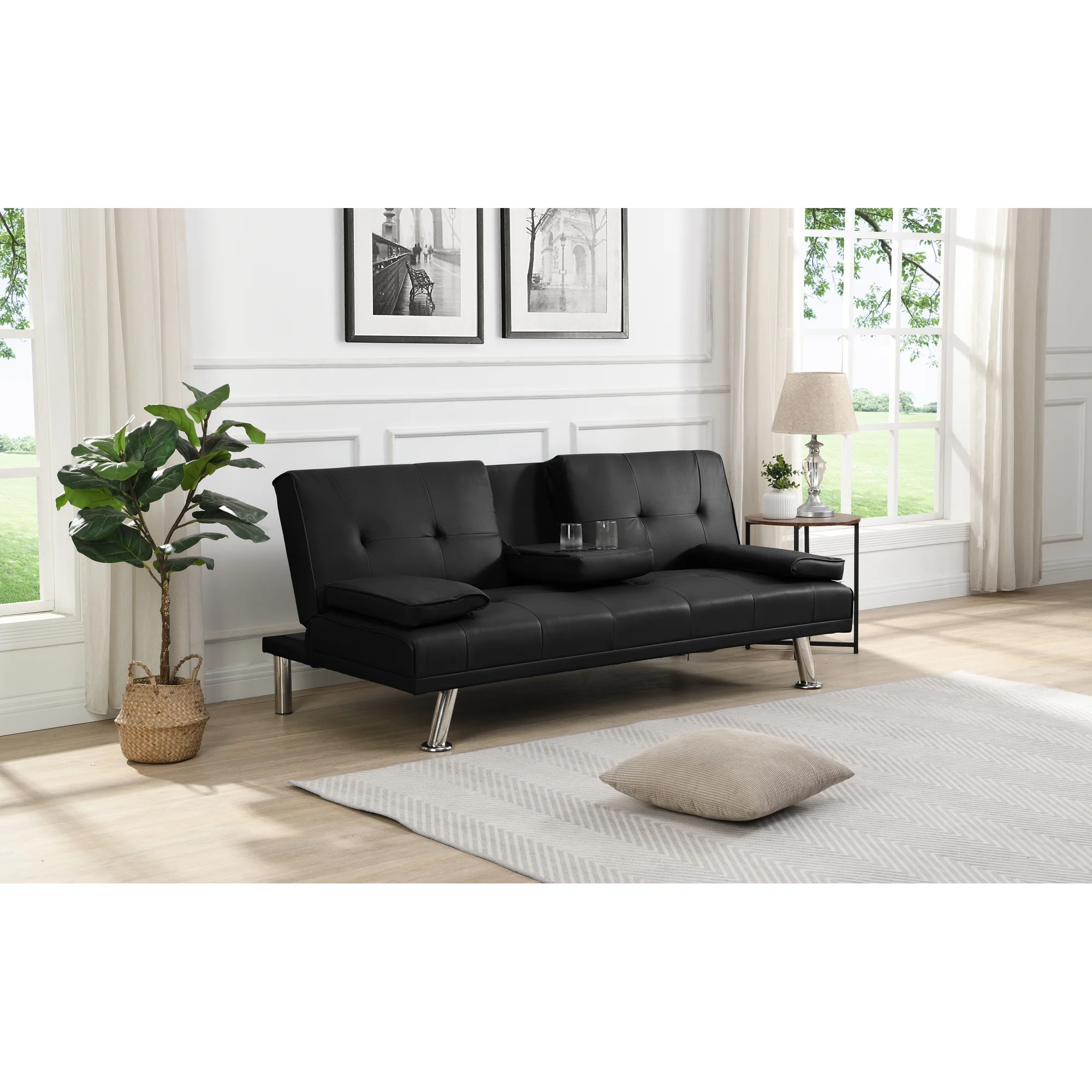 Sofa Bed with Armrest two holders WOOD FRAME, STAINLESS LEG, FUTON BLACK PVC
