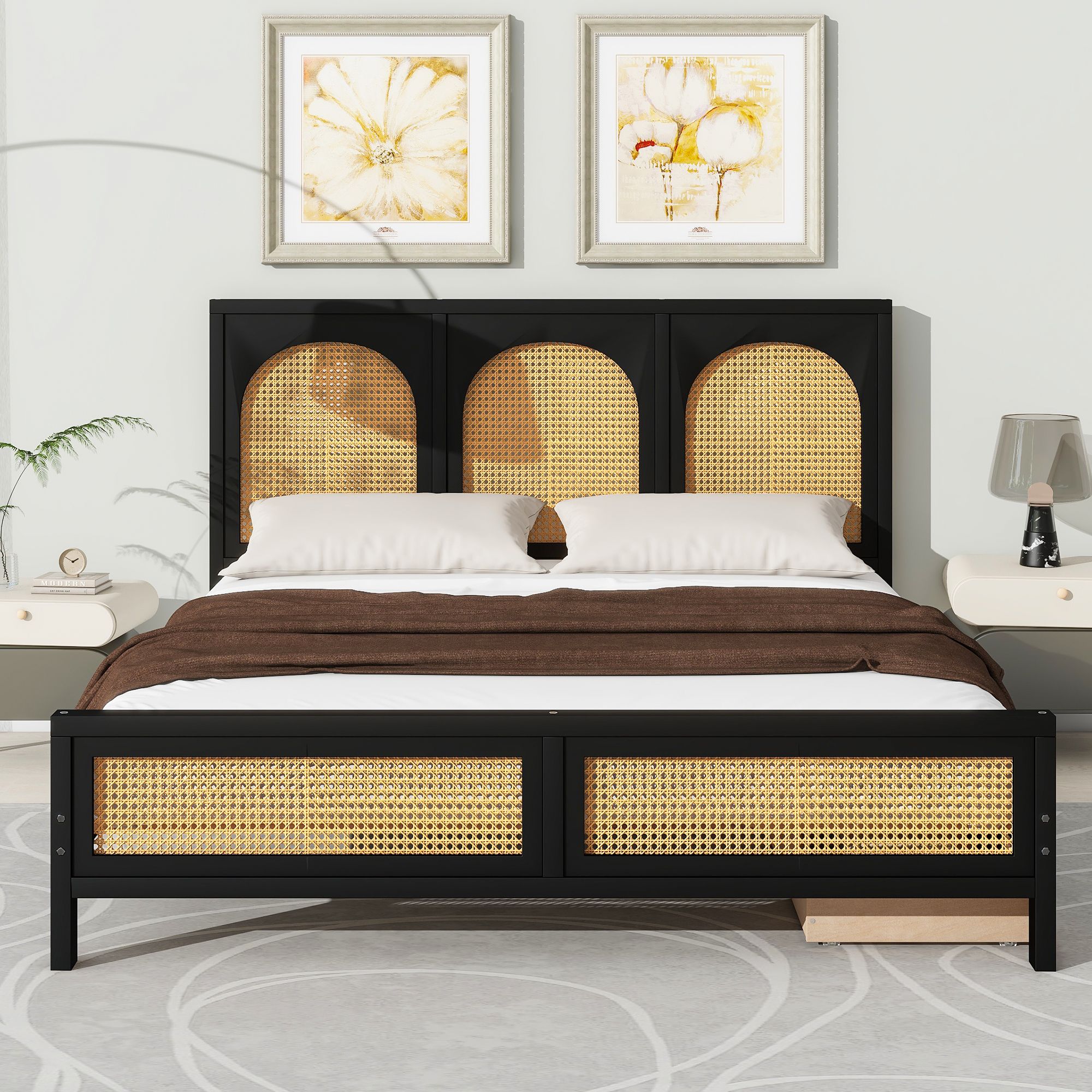Solid Wood Rattan Bed Frame with 2 Drawers, Rattan Headboard and Footboard, Platform Bed Frame, Mid Century Bedframe, Wood Foundation(Black, Queen)
