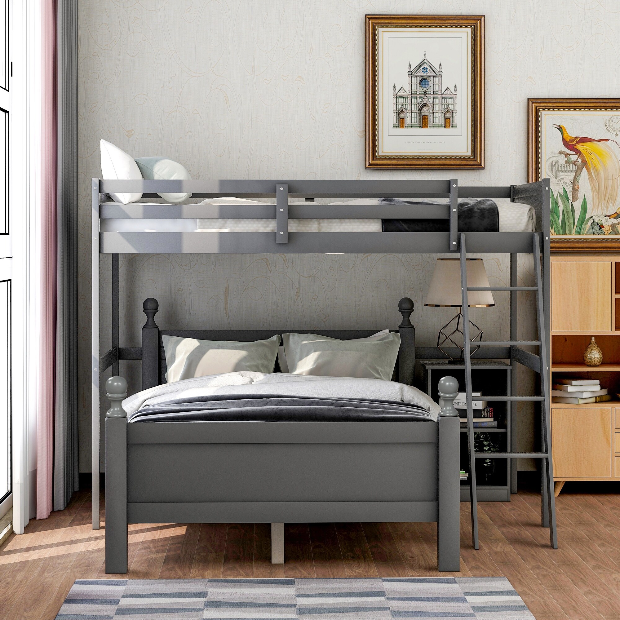 Nestfair Twin over Full Loft Bed with Cabinet Grey