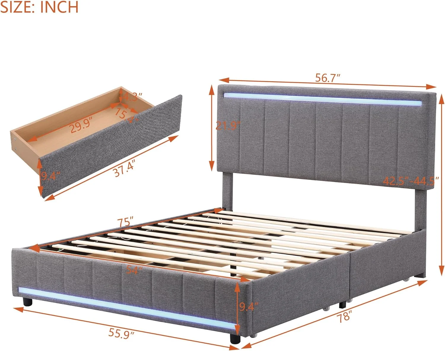 Full LED Bed Frame With 4 Storage Drawers And USB Ports,Modern Platform Bed Frame With LED Headboard And Footboard,Linen Upholstered Storage Full Bed,No Box Spring Needed,Grey