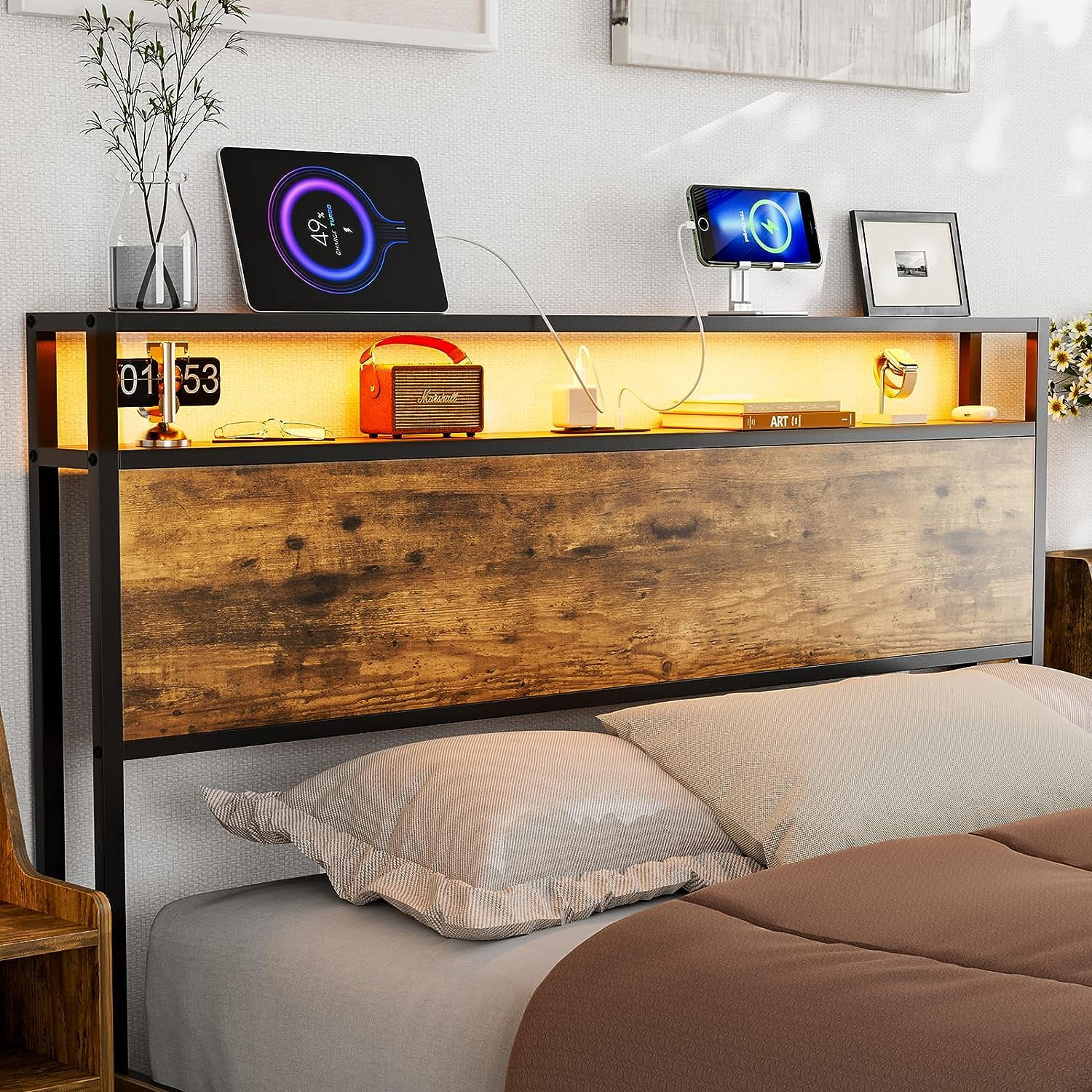 IKIFLY Queen Size Storage Headboard with LED Lights & Charging Station - Industrial Metal and Wood Queen Headboard Only for Bedroom, Attach Frame, Easy Assembly - Rustic Brown
