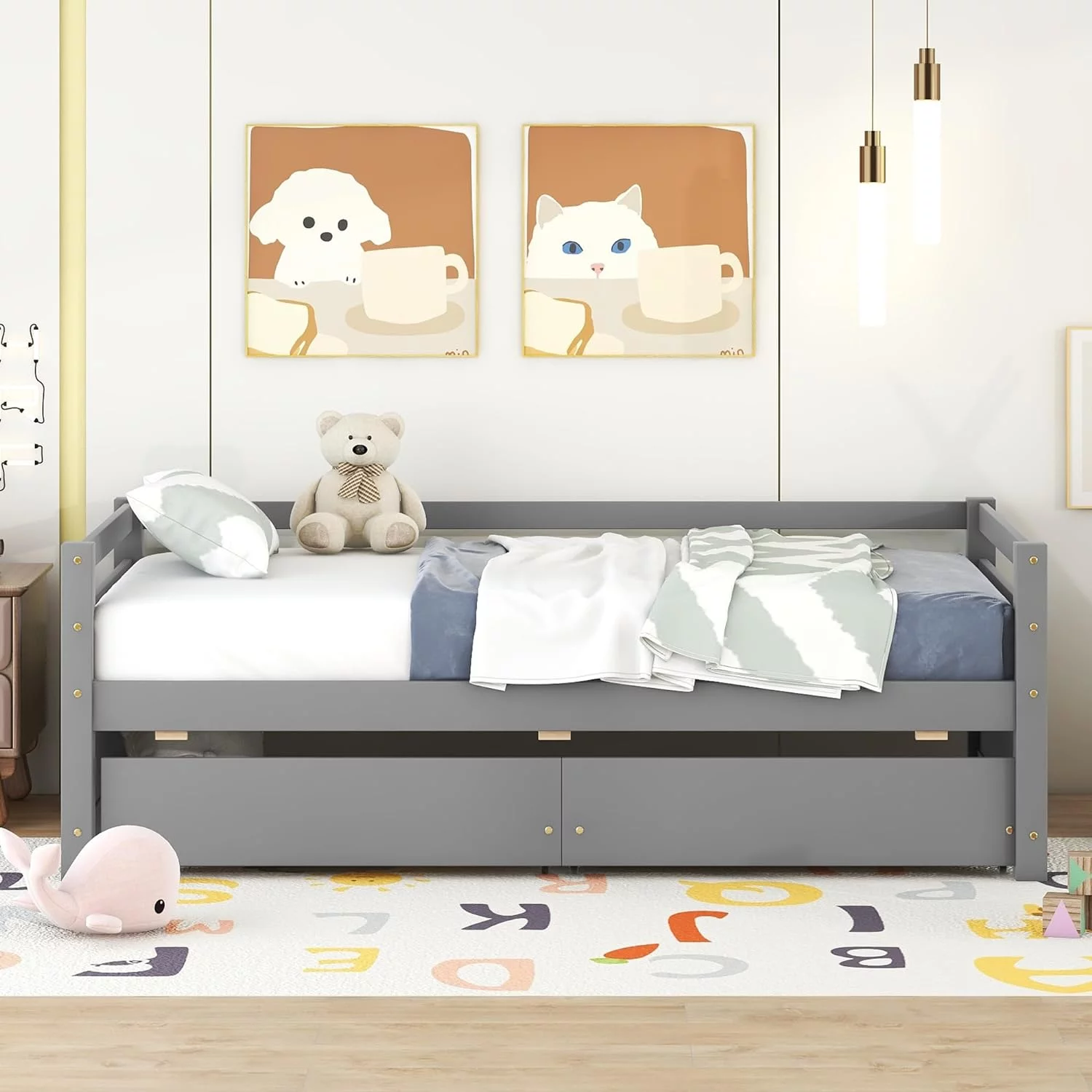 Daybed With 2 Storage Drawers, Wooden Size Daybed Frame, Dual-Use Daybed Sofa Kids Bed For Living Room,Guest Room,Children Room, No Box Spring Needed, Gray
