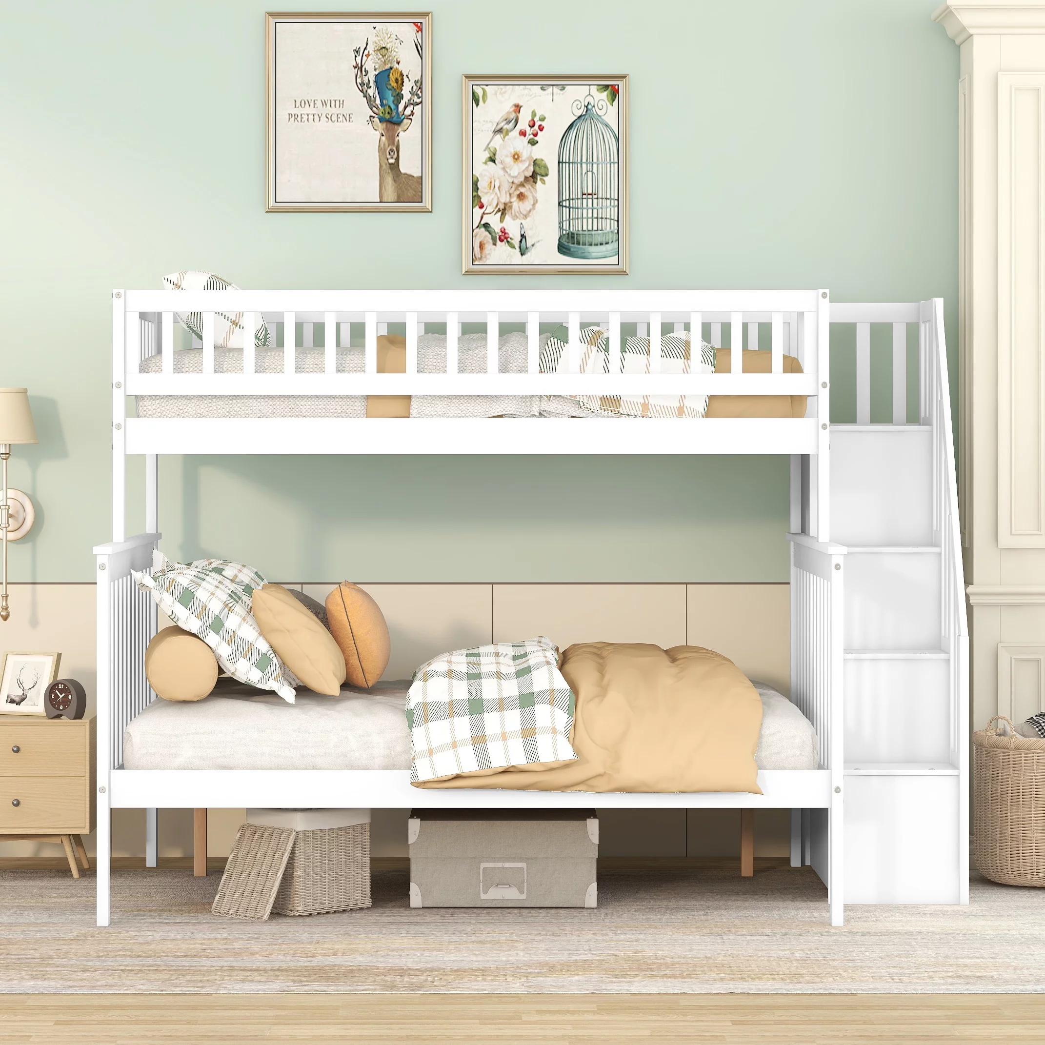Bellemave Twin Over Full Bunk Bed with Stairs, Solid Wood Bunk Beds Frame with Storage Shelves, Detachable Stairway Bunk Beds for Kids Teens Adult (White)