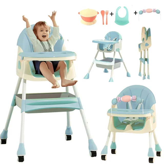 4-in-1 Baby High Chair Portable Dining Chairs Eat & Play with Five-Point, Double-Layer Dinner Plate and Toy Rack, easy to clean, safe and secure Green