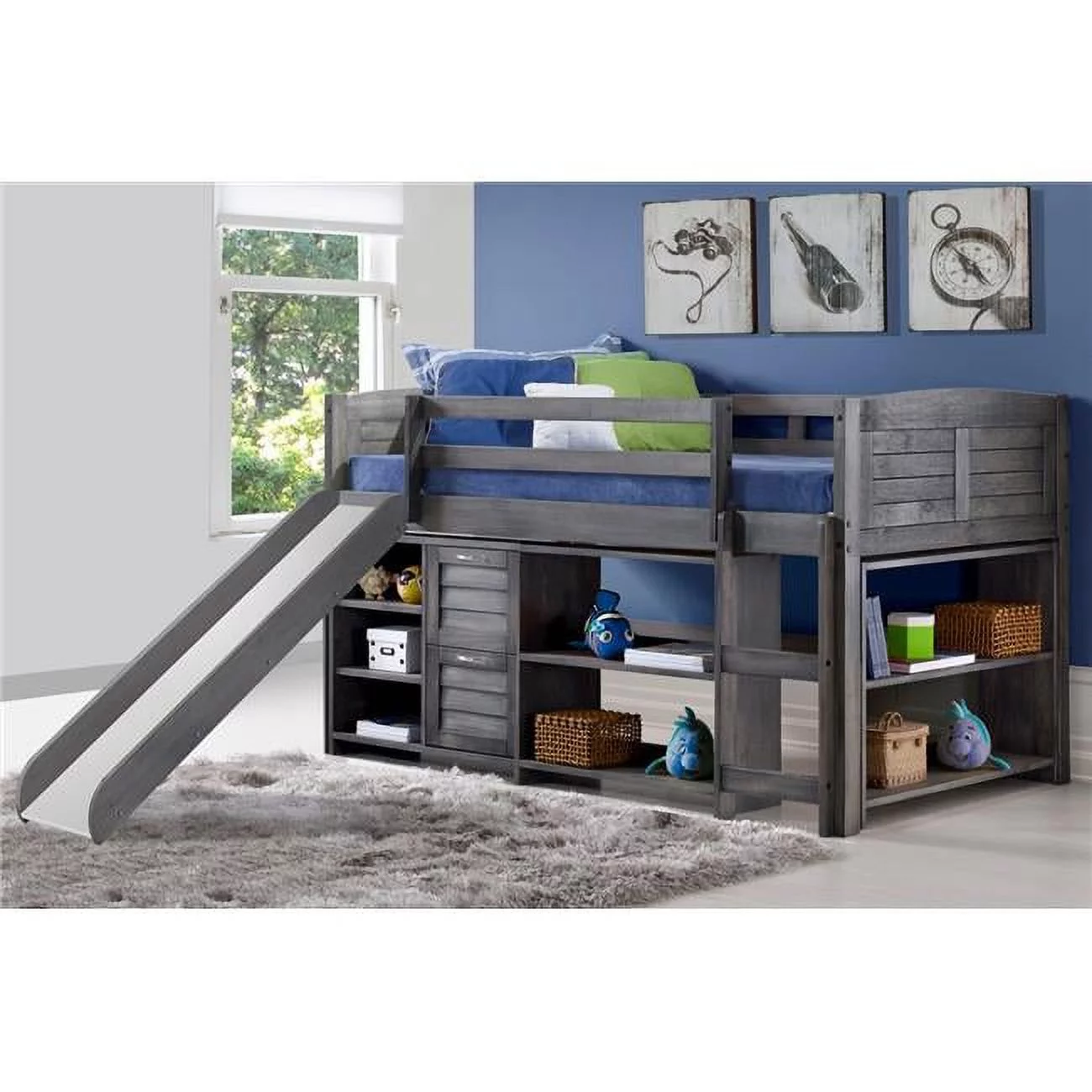PD-790AAG-C4-785AG Twin Size Louver Low Loft with Slide, 2 Drawer Chest & Shelves, Bookcase & Small Bookcase