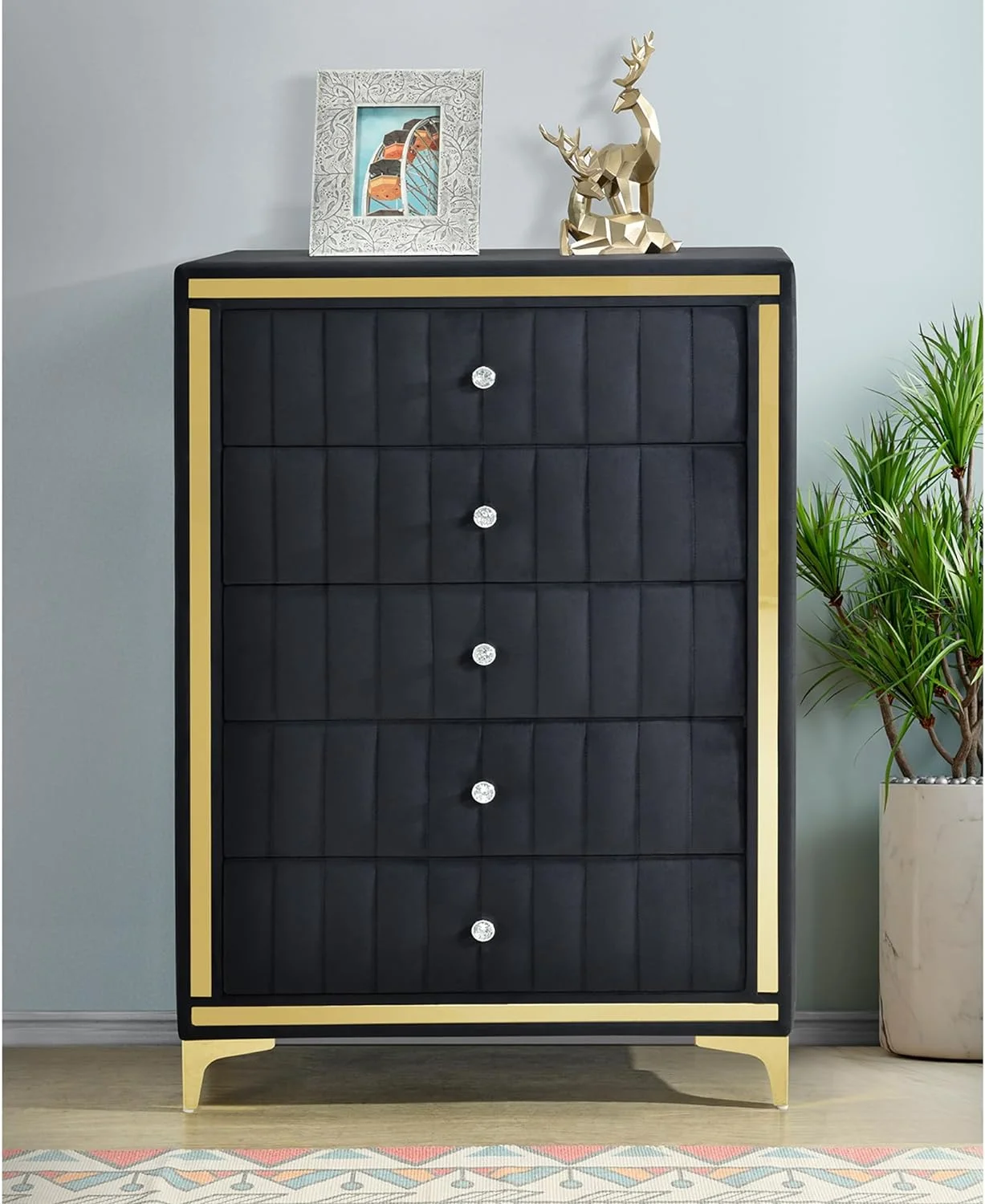 Monique Velvet Upholstered 5-Drawer Chest In Black