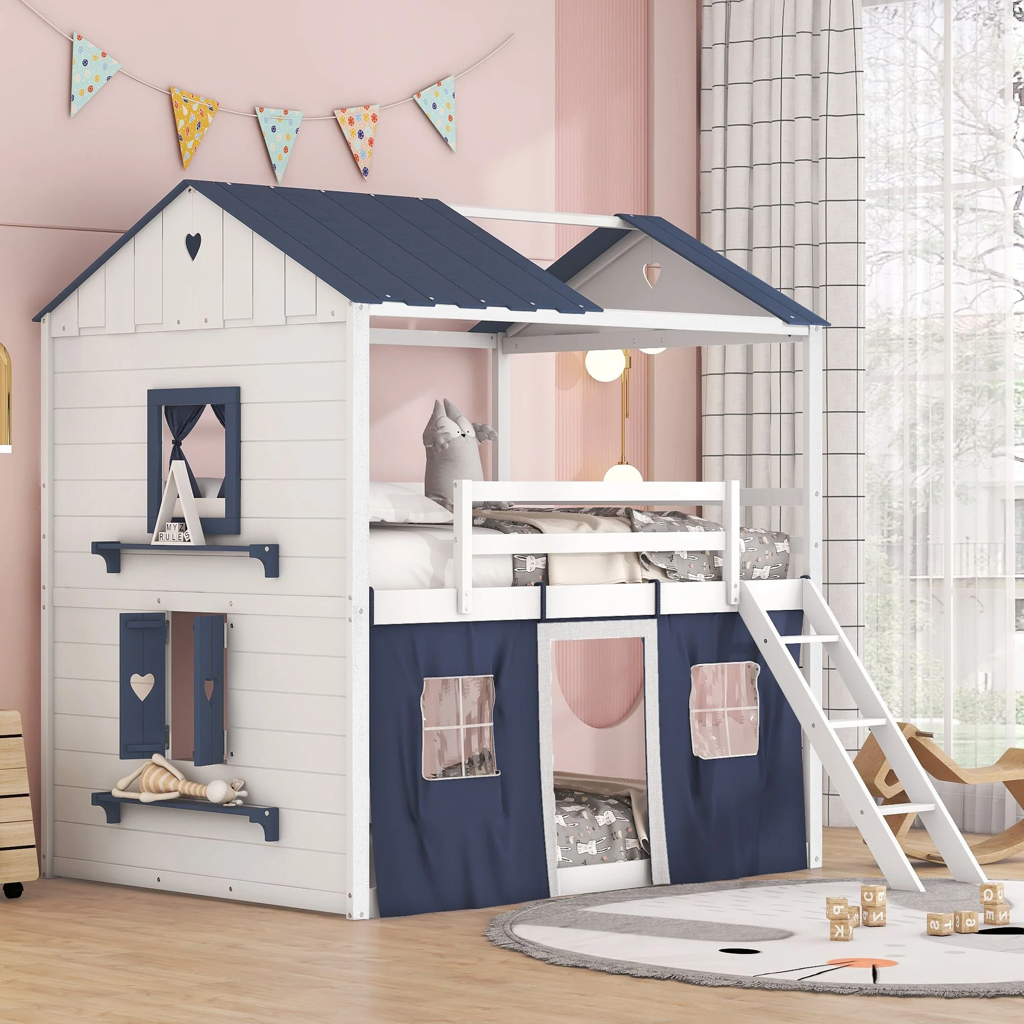 Floor Bunk Bed with Elegant Windows, Sills and Tent for Boys/Girls/Teens Bedroom, Low Wood Bed Frame with Safety Guardrail, No Box Spring Needed with Roof, Window