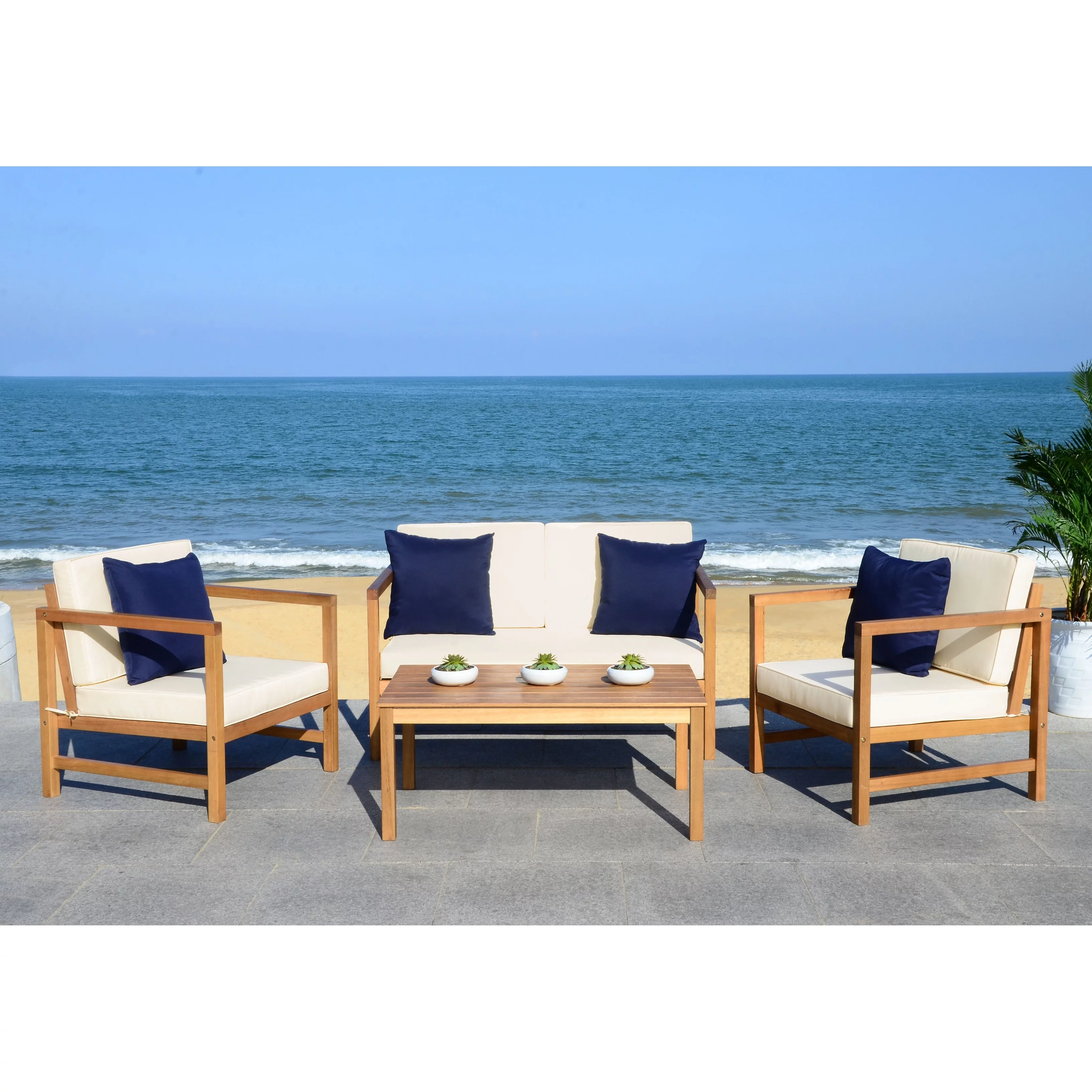 SAFAVIEH Montez Outdoor 4 Pc Conversational Set, White/Navy