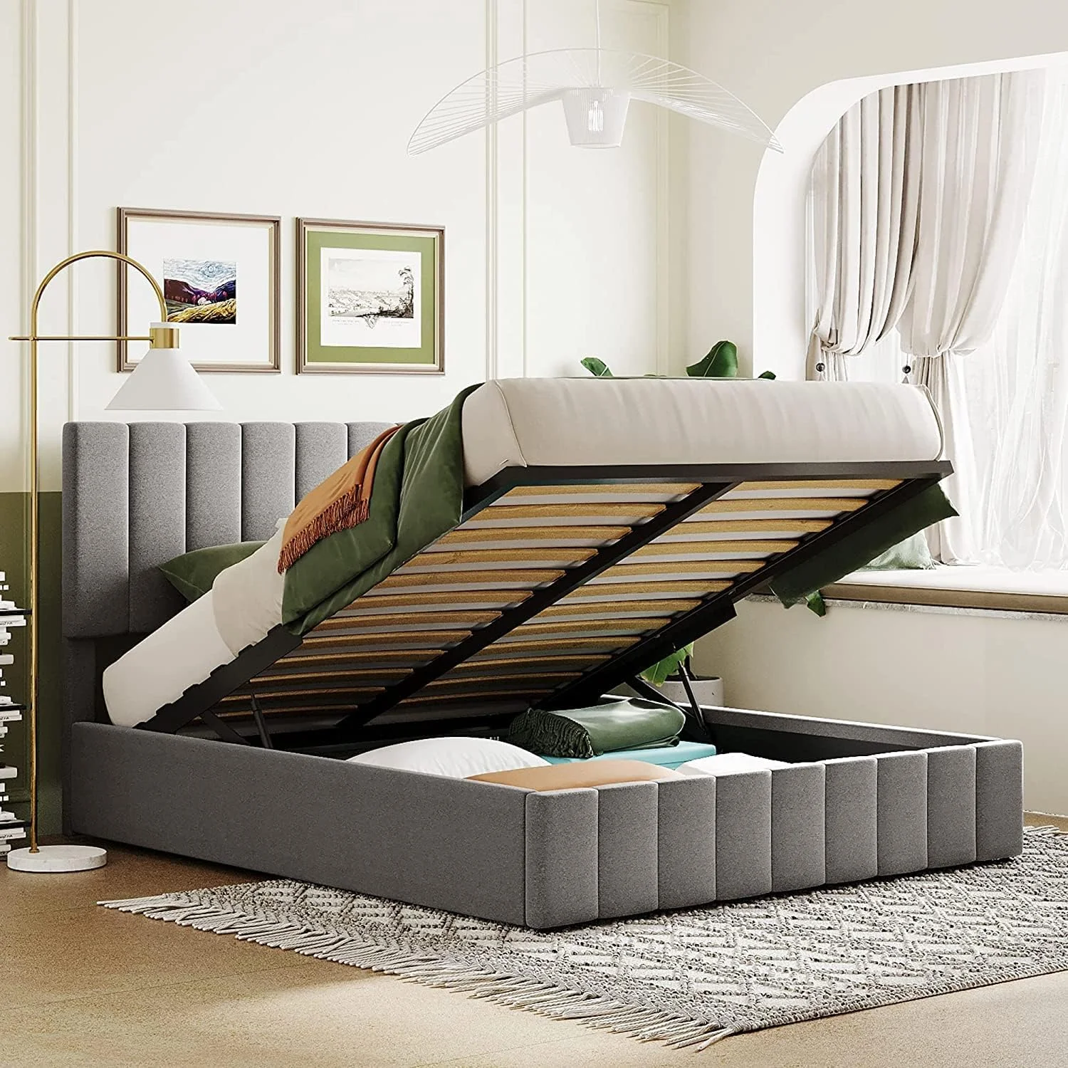 Quee Upholsered Plaform Bed Wih Gas Lif Up Sorage, Quee Bed Frame Wih Sorage Udereah Ad ufed Headboard, Woode Plaform Bed Wih Hydraulic Sorage Sysem (Quee Bed, Gray )