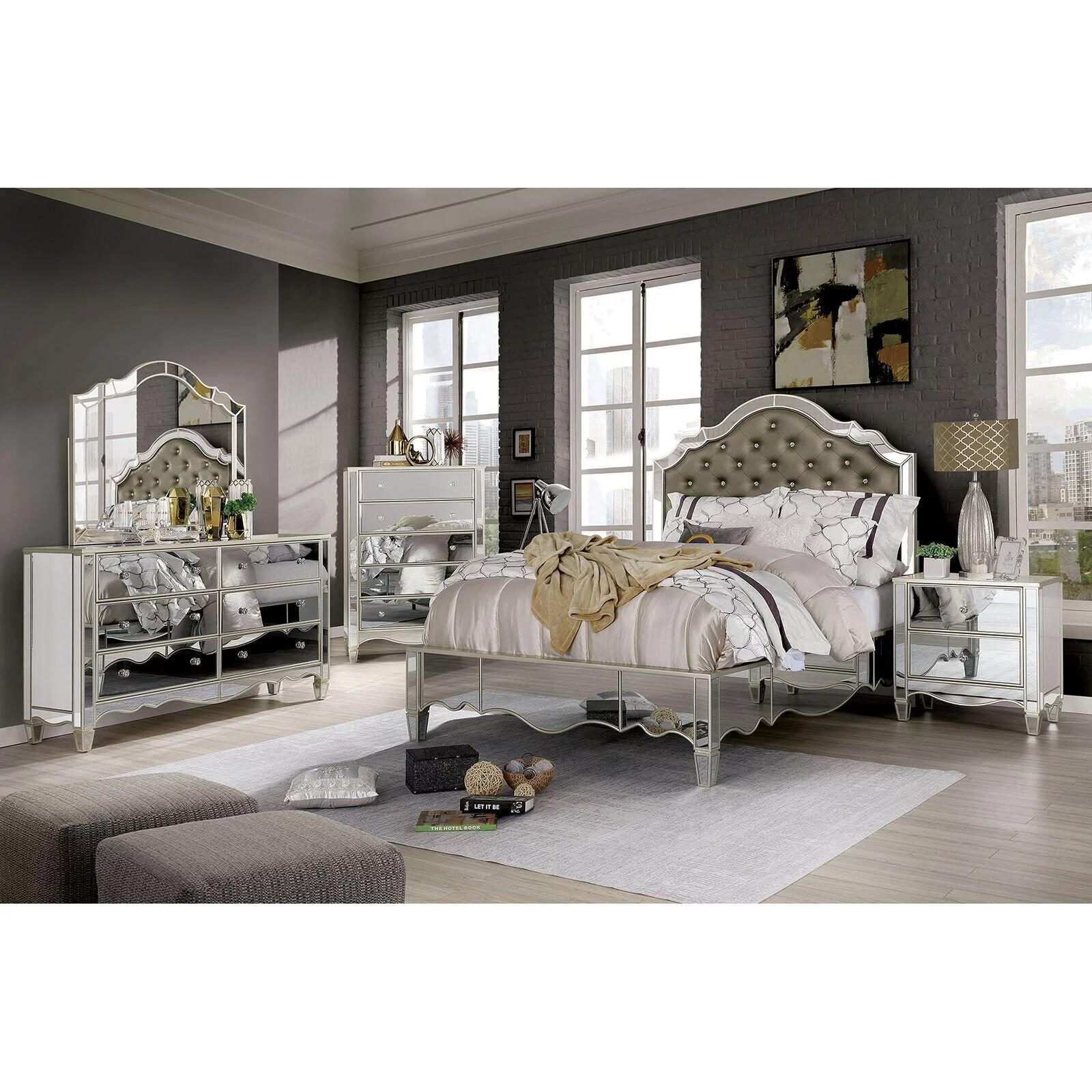 Silver Mirror Panel 6pc Bedroom Set Gorgeous Traditional Est King Size Bed Dresser Nightstands Chest Button Tufted Leatherette