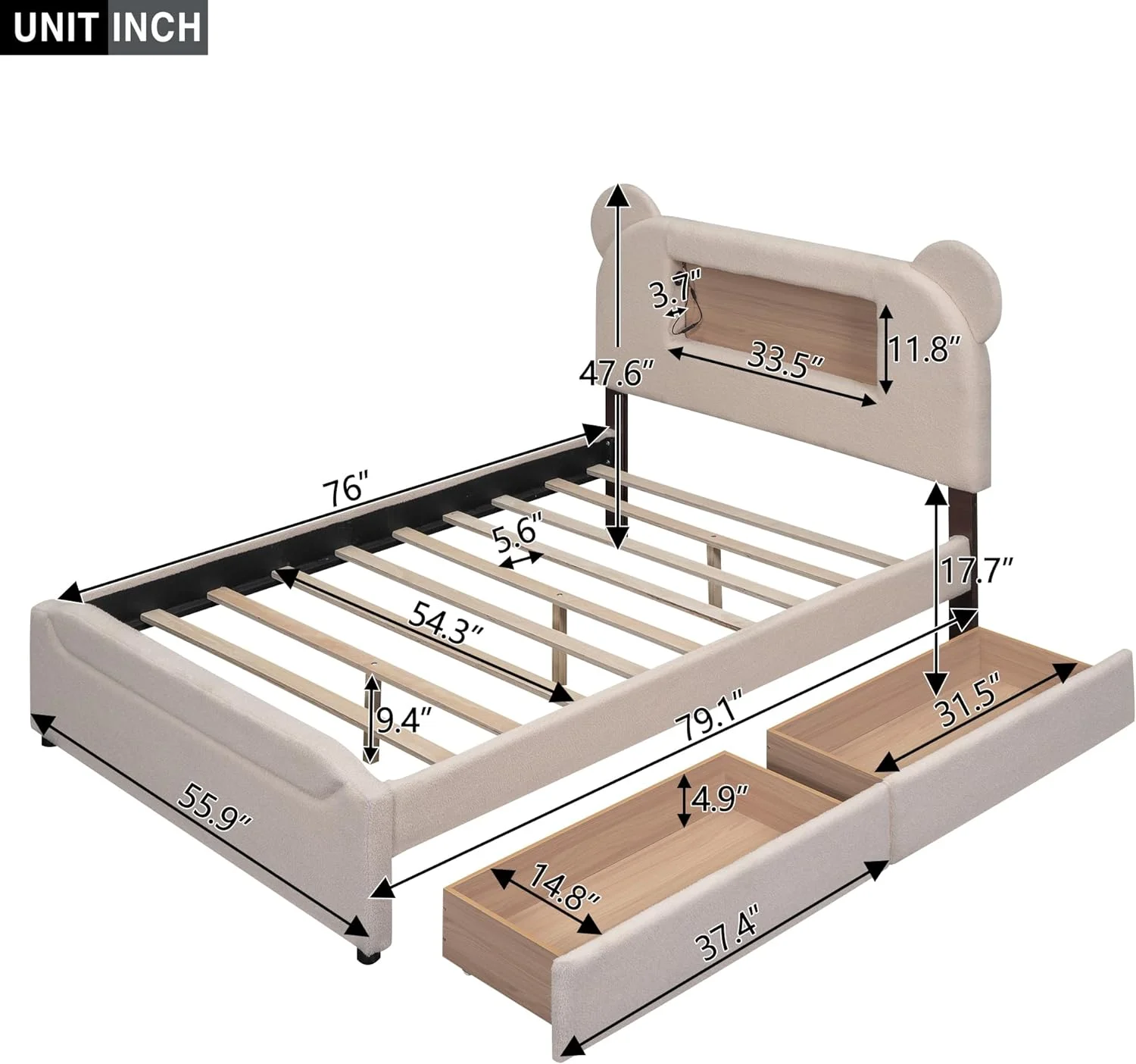 Full Size Upholstered Storage Platform Bed Frame for Boys Girls Kids Adults Toddler with Cartoon Ears Shaped Headboard, LED and USB